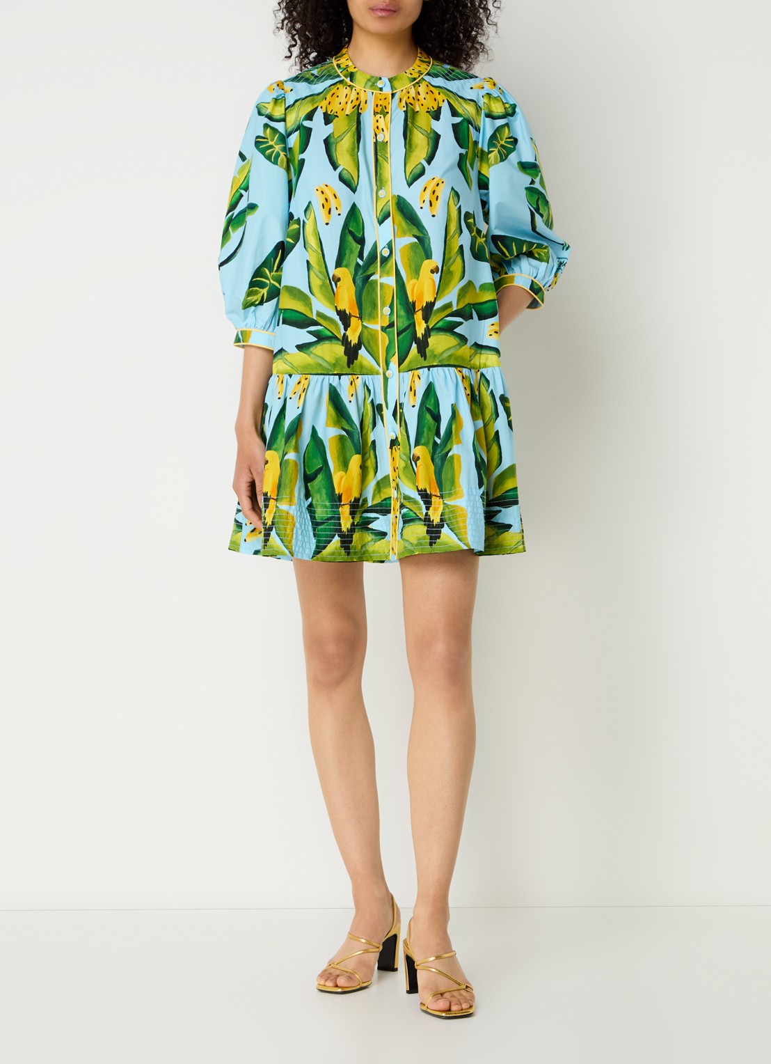 Farm Rio Summer Foliage mini blousejurk met bloemenprint - voorkant 2 lichtblauw