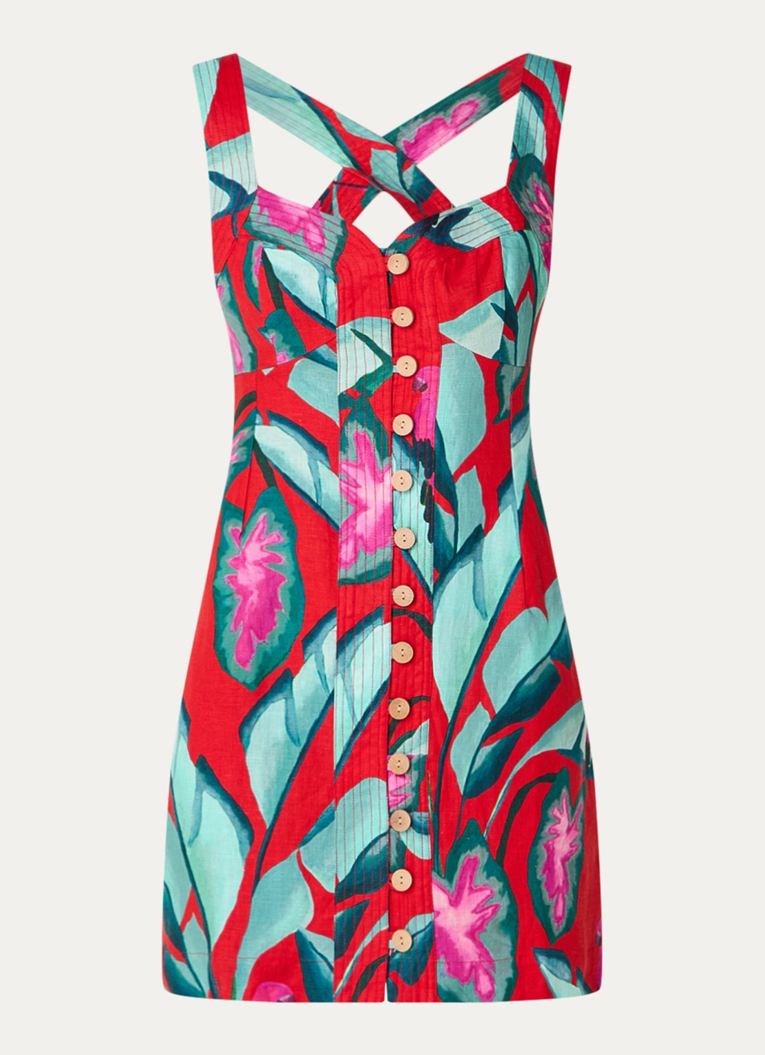 Farm Rio Summer Foliage mini jurk van linnen met bloemenprint - voorkant 3 rood
