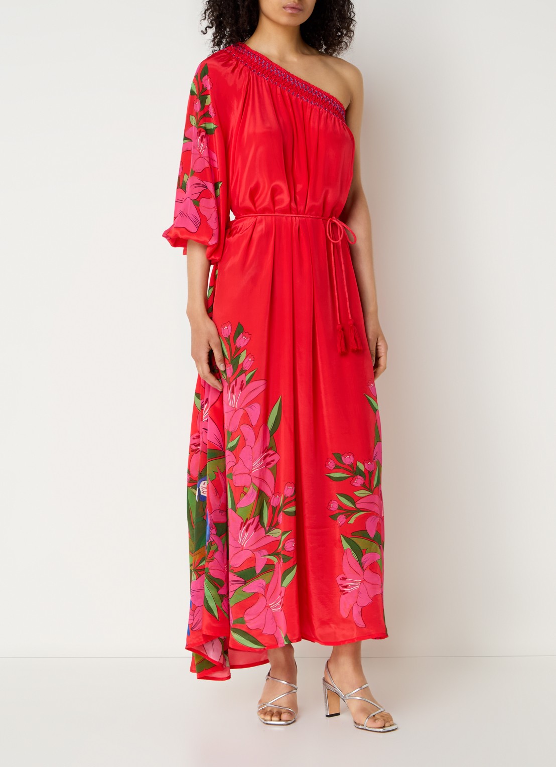 Farm Rio Summer maxi one shoulder jurk met bloemenprint - detail 4 koraalrood