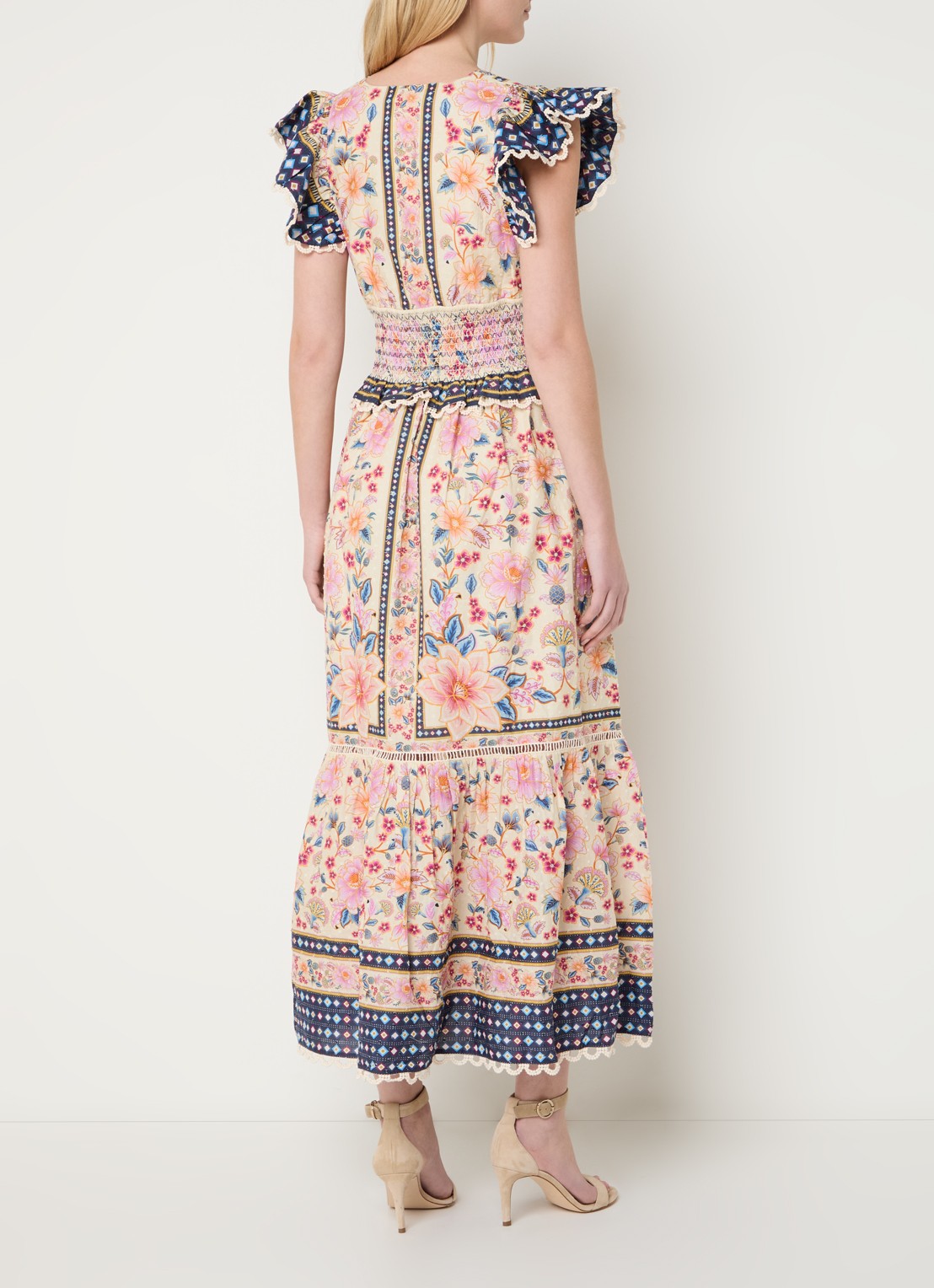 Farm Rio Superbloom midi jurk met bloemenprint en smockwerk - achterkant roze