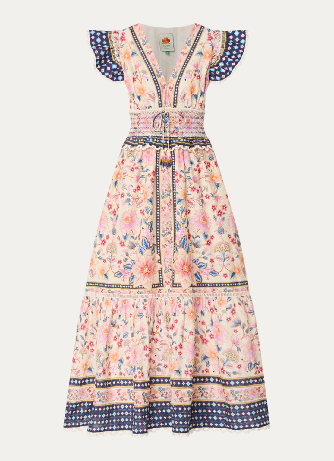 Farm Rio Superbloom midi jurk met bloemenprint en smockwerk - voorkant 2 roze