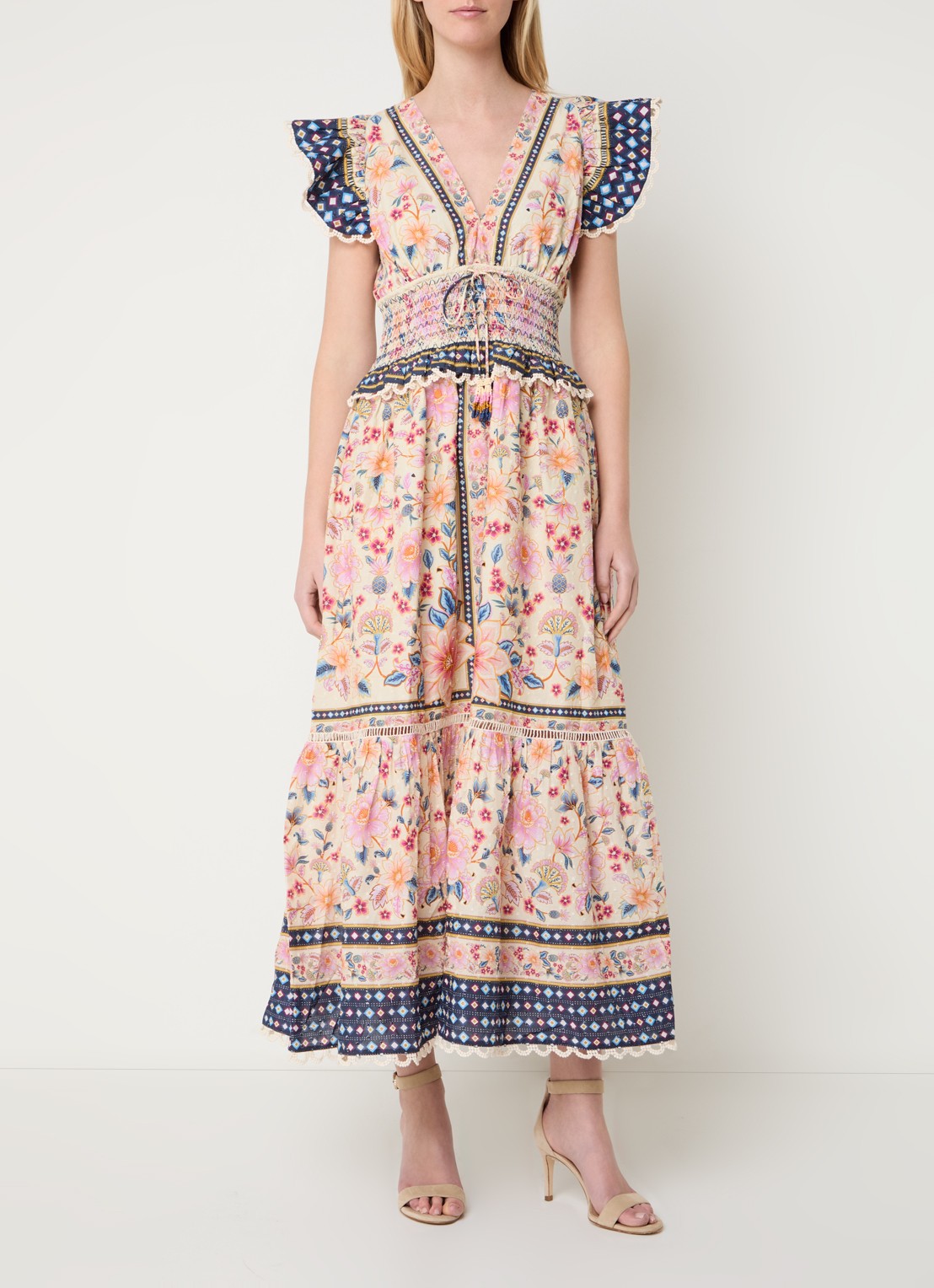 Farm Rio Superbloom midi jurk met bloemenprint en smockwerk - voorkant 3 roze
