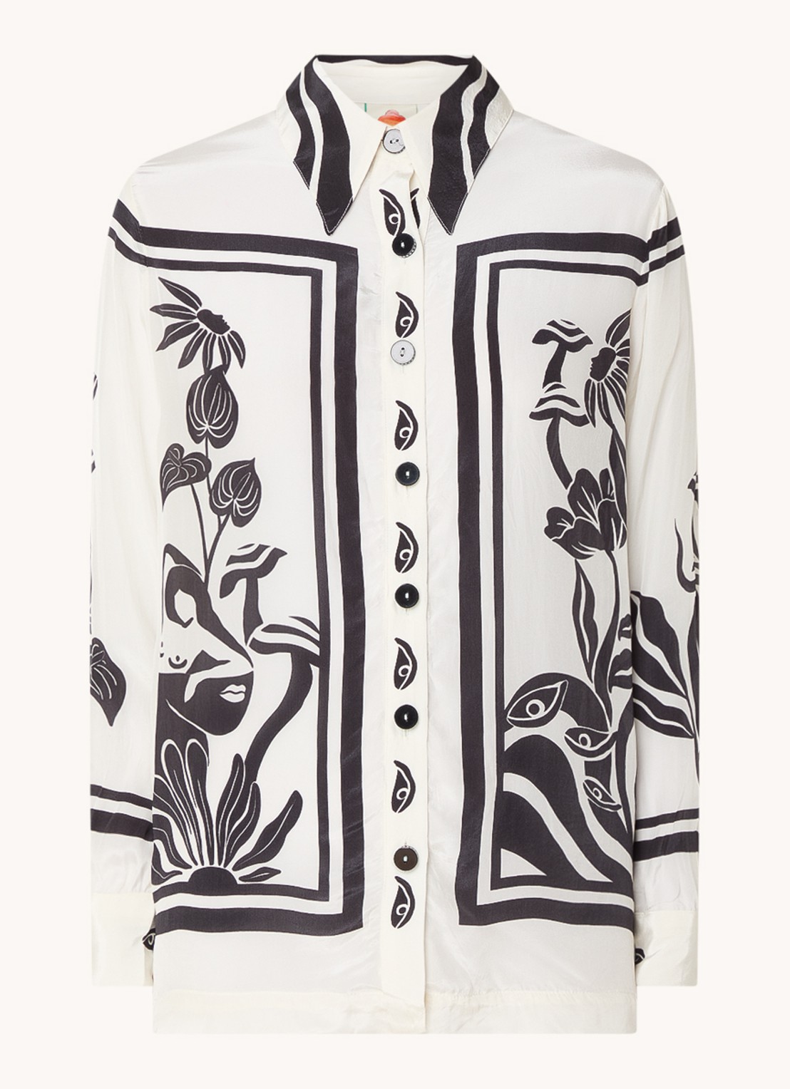Farm Rio Surreal Garden blouse van satijn met print - voorkant 2 gebroken wit