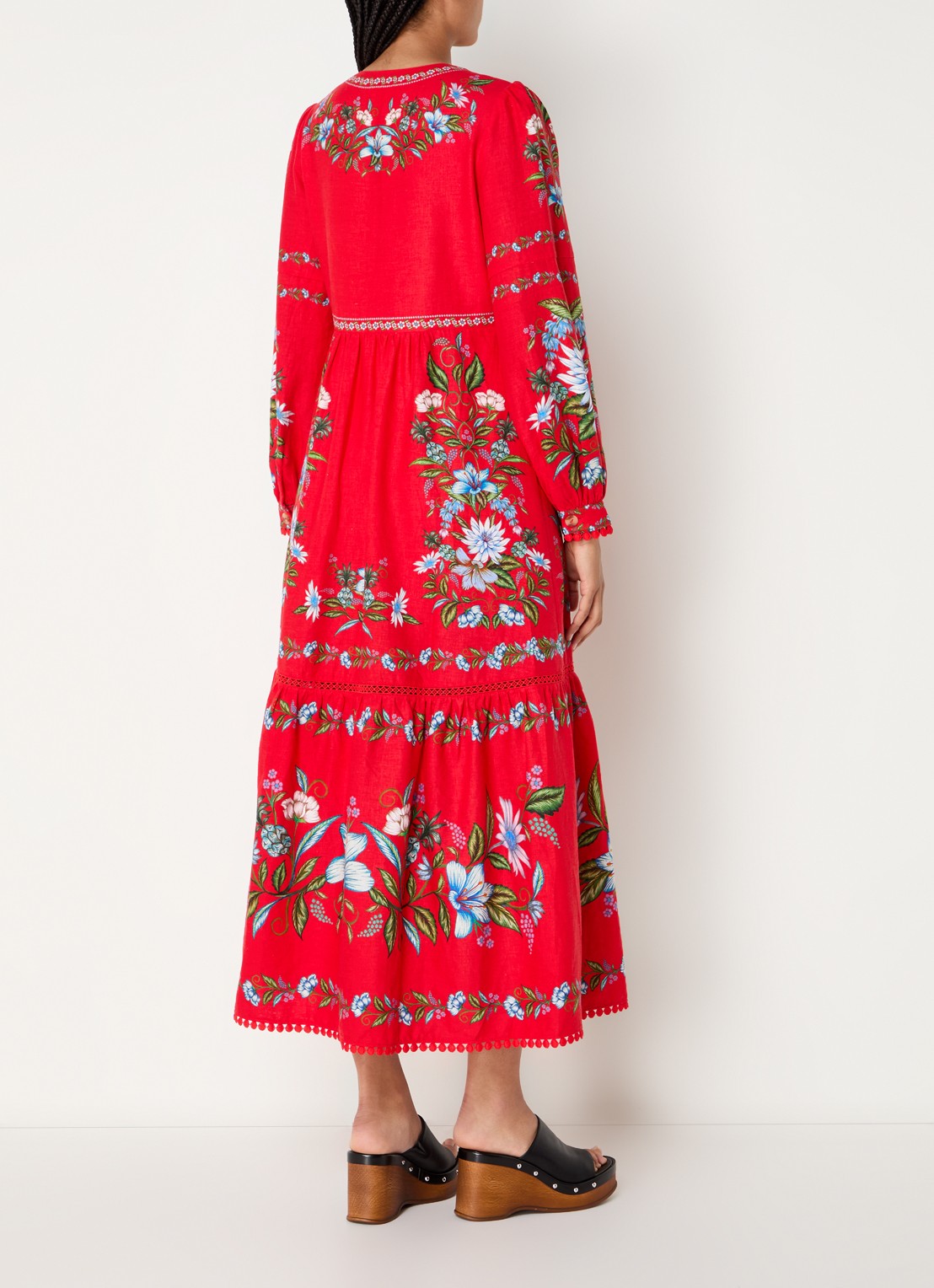 Farm Rio Sweet Bloom maxi tuniekjurk in linnenblend met bloemenprint - achterkant rood