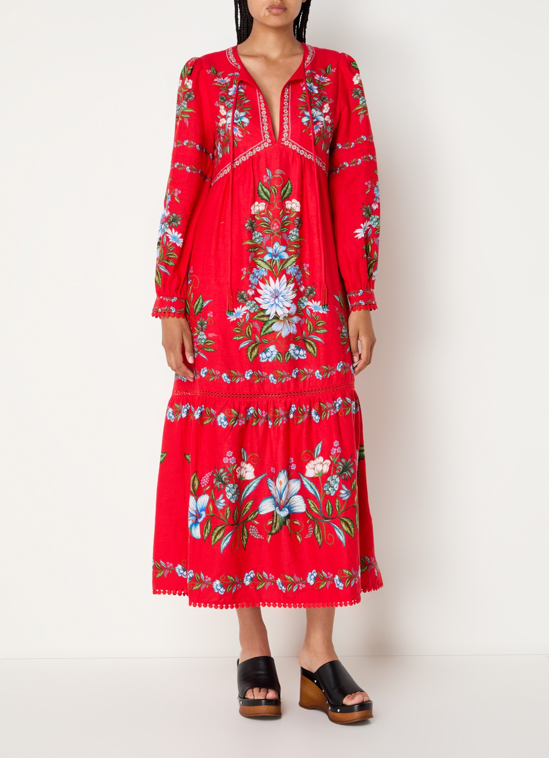 Farm Rio Sweet Bloom maxi tuniekjurk in linnenblend met bloemenprint - detail 2 rood