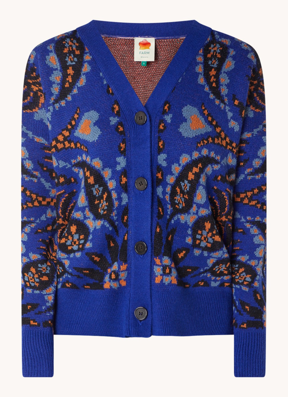 Farm Rio Toucan fijngebreid vest met bloemenprint in wolblend - voorkant blauw