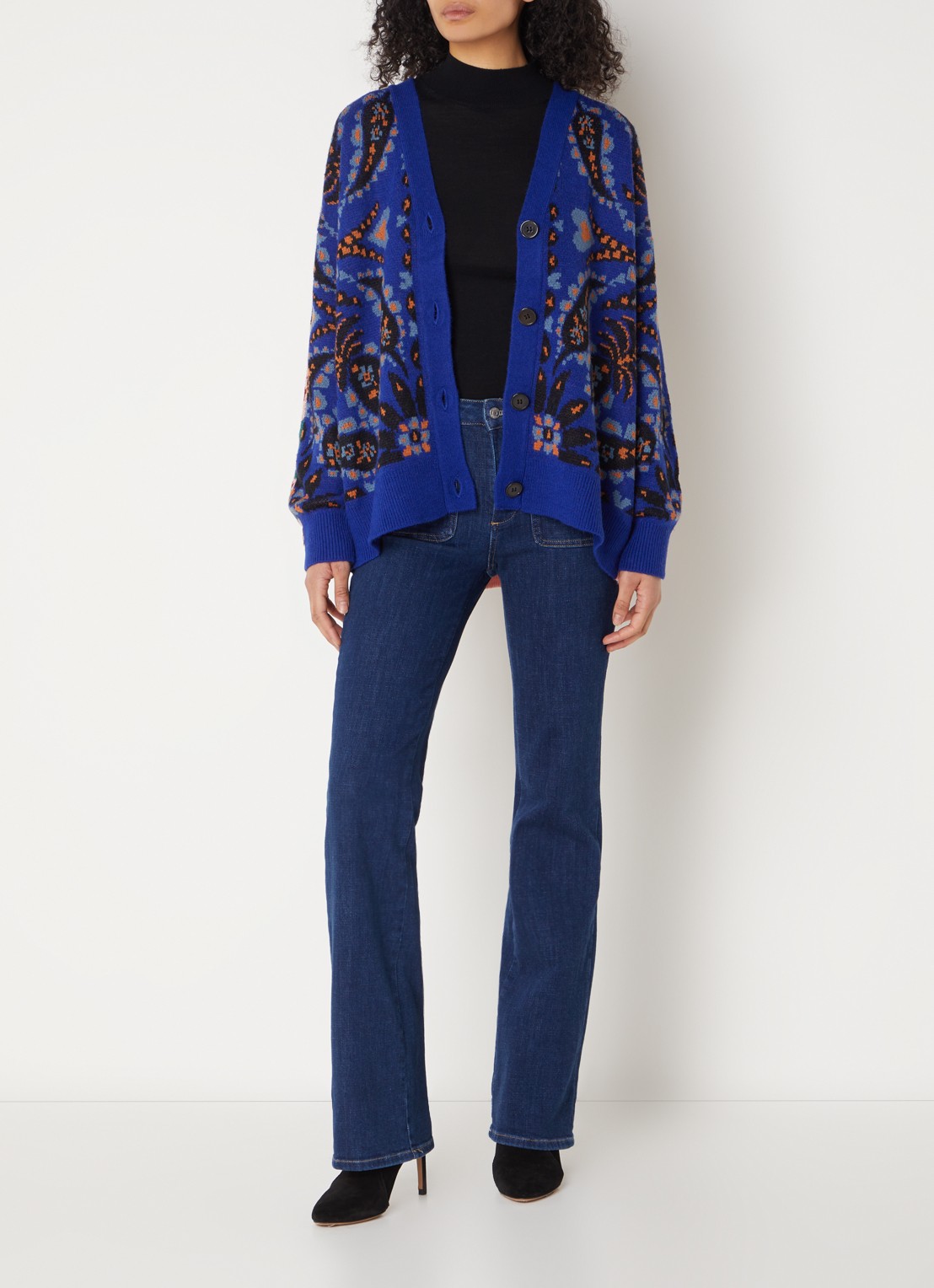 Farm Rio Toucan fijngebreid vest met bloemenprint in wolblend - voorkant 2 blauw