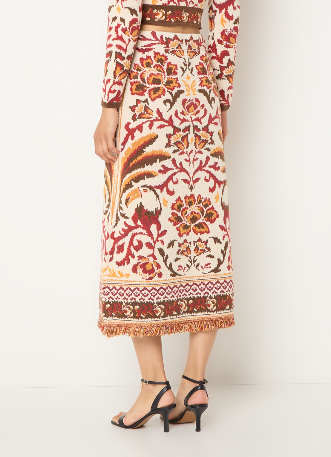 Farm Rio Toucans fijngebreide midi rok met bloemenprint en franjes - achterkant 3 gebroken wit