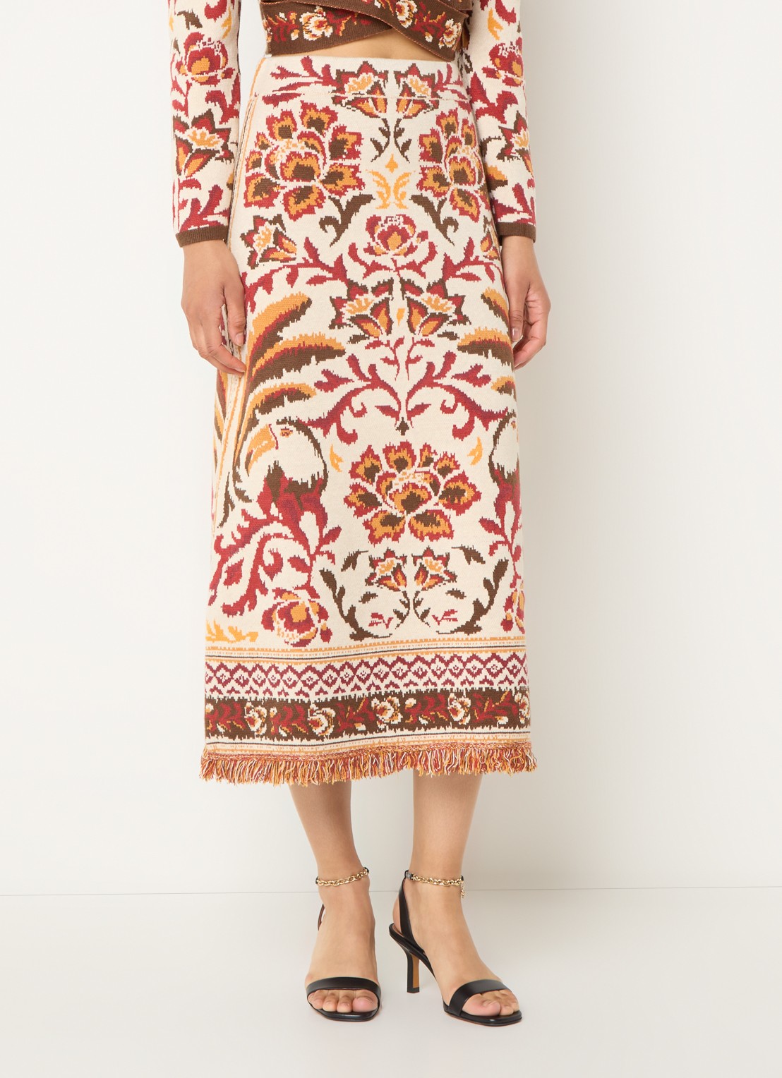 Farm Rio Toucans fijngebreide midi rok met bloemenprint en franjes - detail 4 gebroken wit