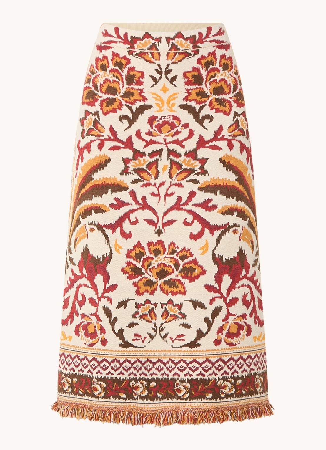 Farm Rio Toucans fijngebreide midi rok met bloemenprint en franjes - voorkant gebroken wit