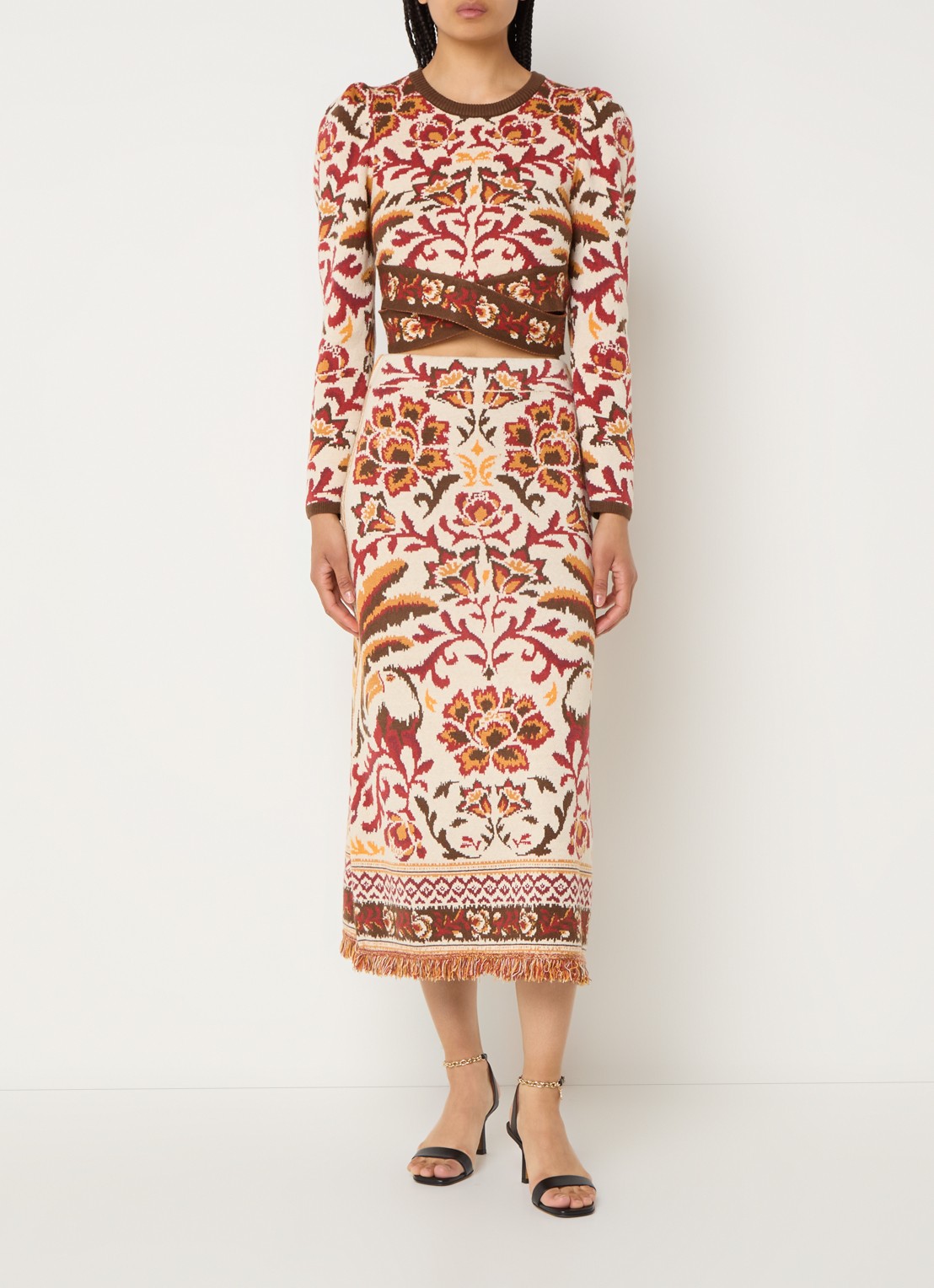 Farm Rio Toucans fijngebreide midi rok met bloemenprint en franjes - voorkant 2 gebroken wit