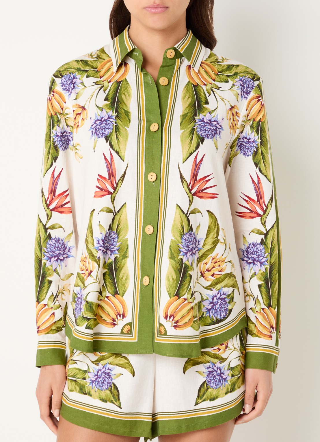 Farm Rio Tropical blouse in linnenblend met print - detail mosgroen
