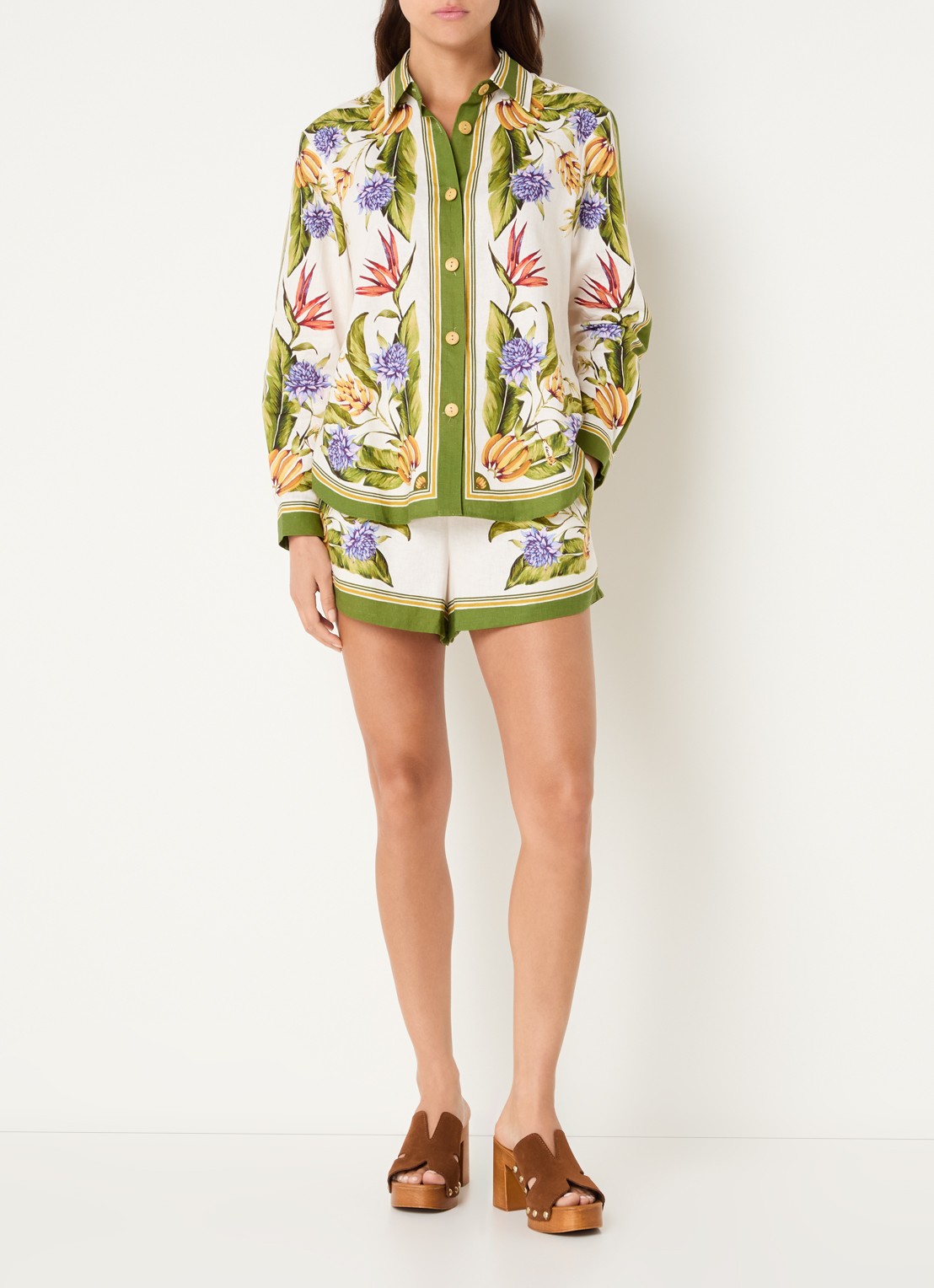 Farm Rio Tropical blouse in linnenblend met print - voorkant 3 mosgroen