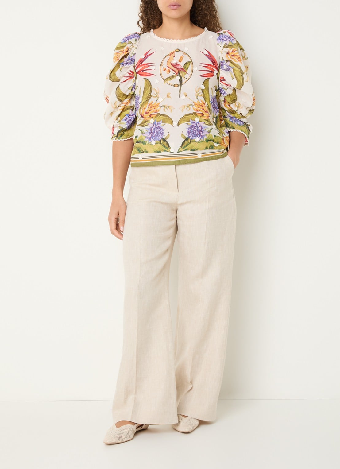 Farm Rio Tropical blouse met ballonmouw - voorkant 3 creme