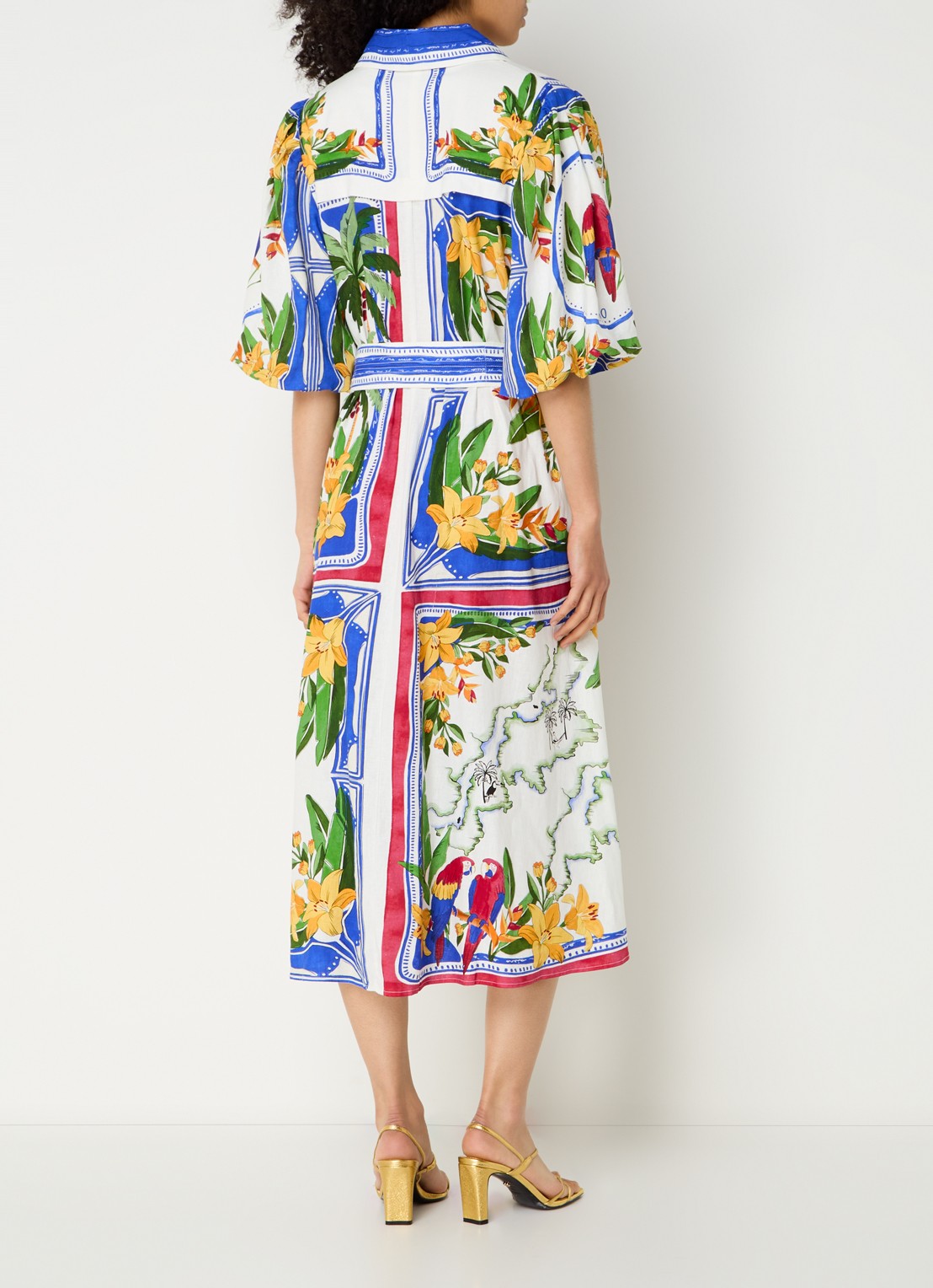 Farm Rio Tropical Destination midi blousejurk in linnenblend met bloemenprint - achterkant gebroken wit