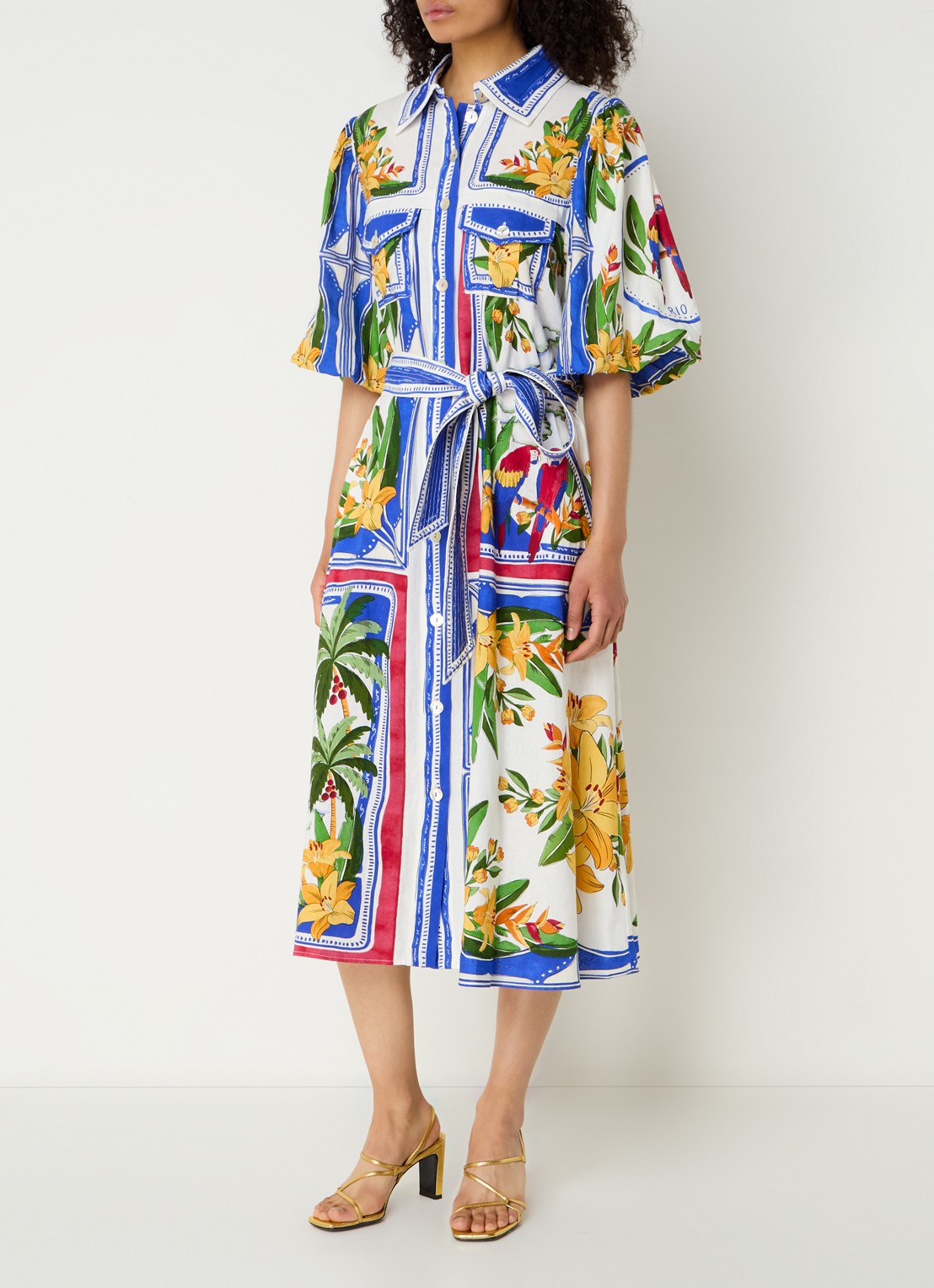 Farm Rio Tropical Destination midi blousejurk in linnenblend met bloemenprint - detail 2 gebroken wit
