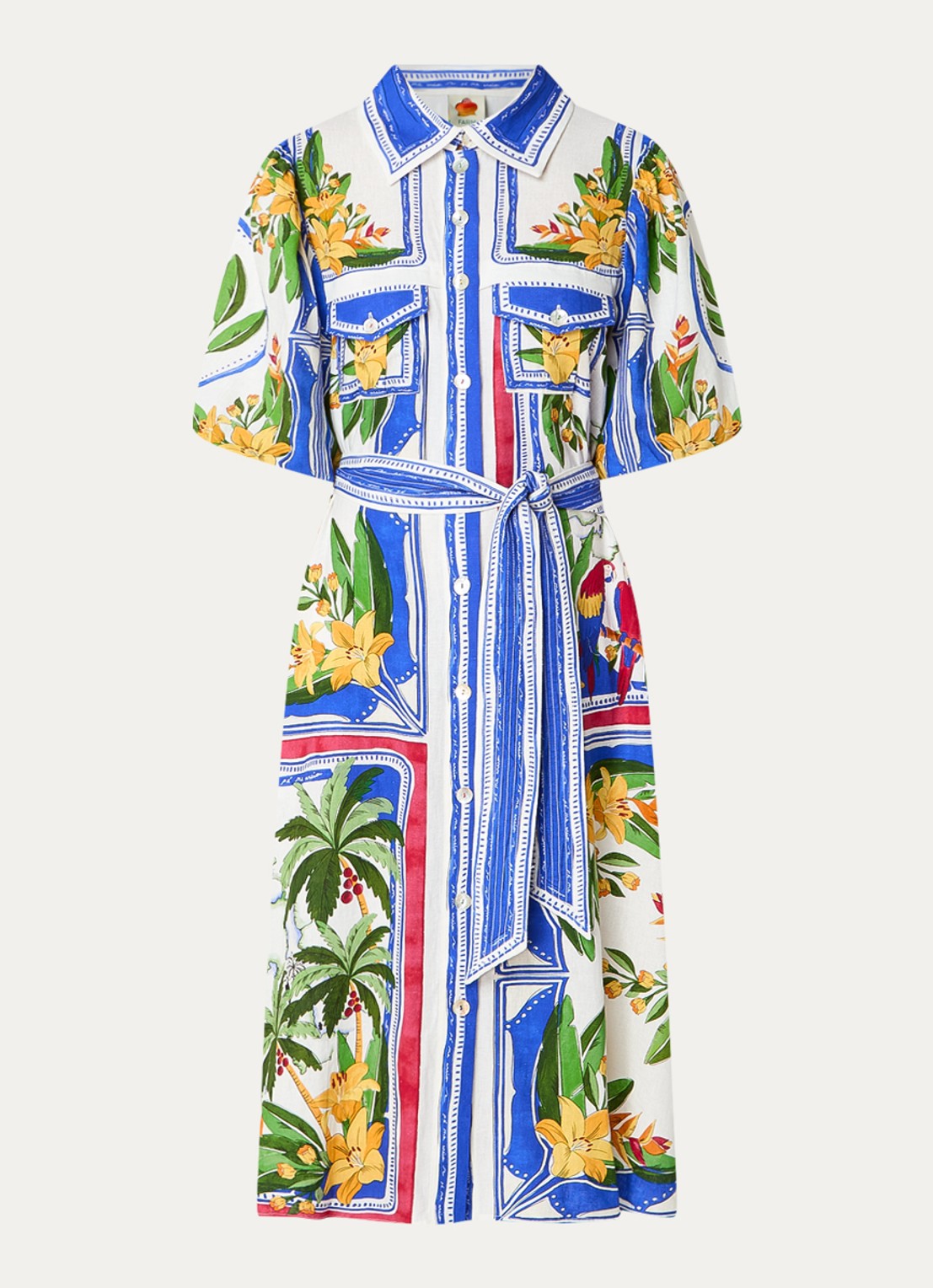 Farm Rio Tropical Destination midi blousejurk in linnenblend met bloemenprint - voorkant 4 gebroken wit