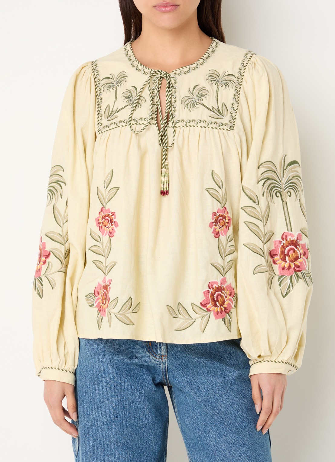Farm Rio Tropical Flower tuniek in linnenblend met bloemborduring - detail 4 beige