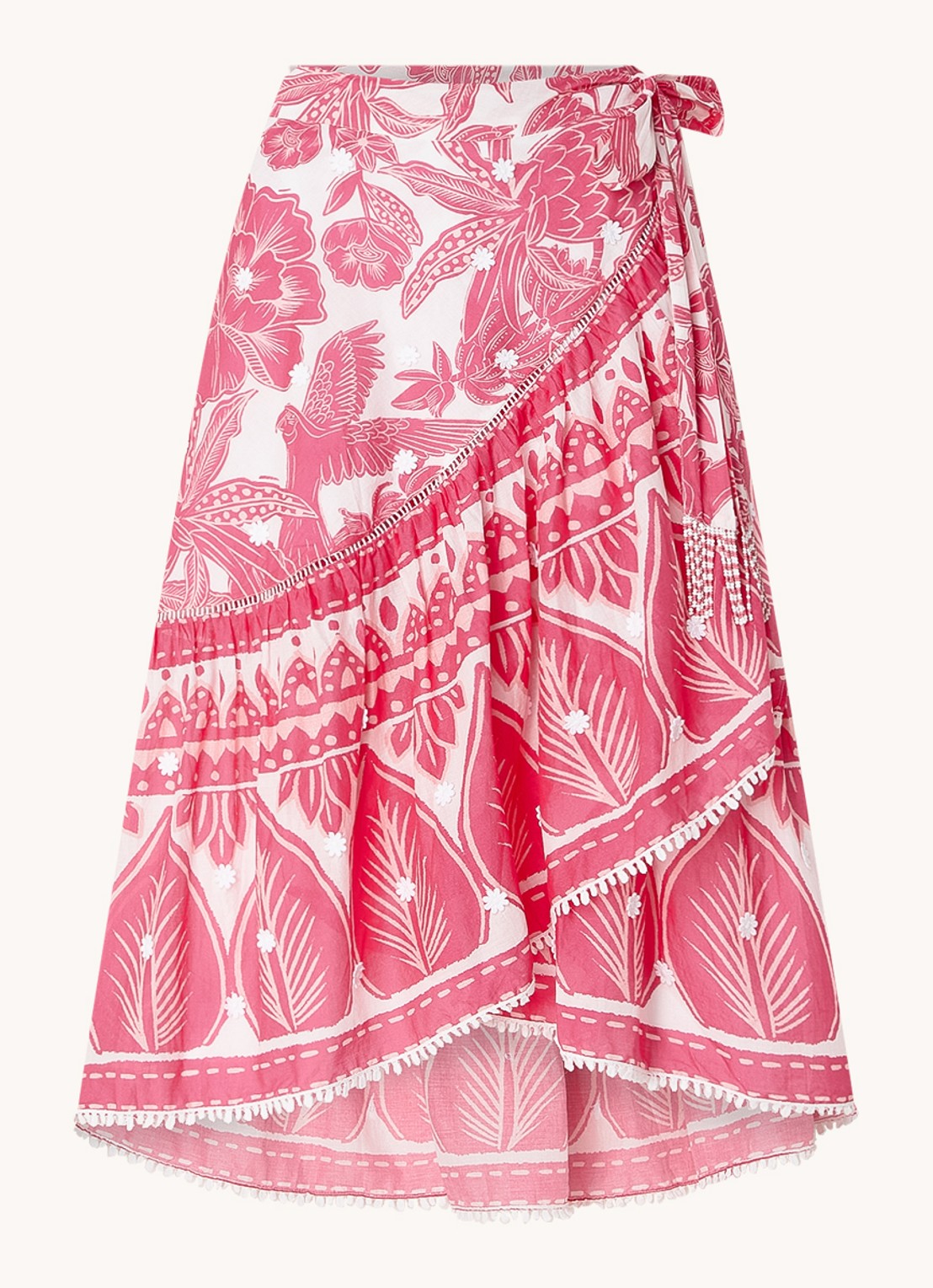 FARM Rio Tropical Woodcut midi wikkelrok met borduring en print - voorkant 2 donkerroze
