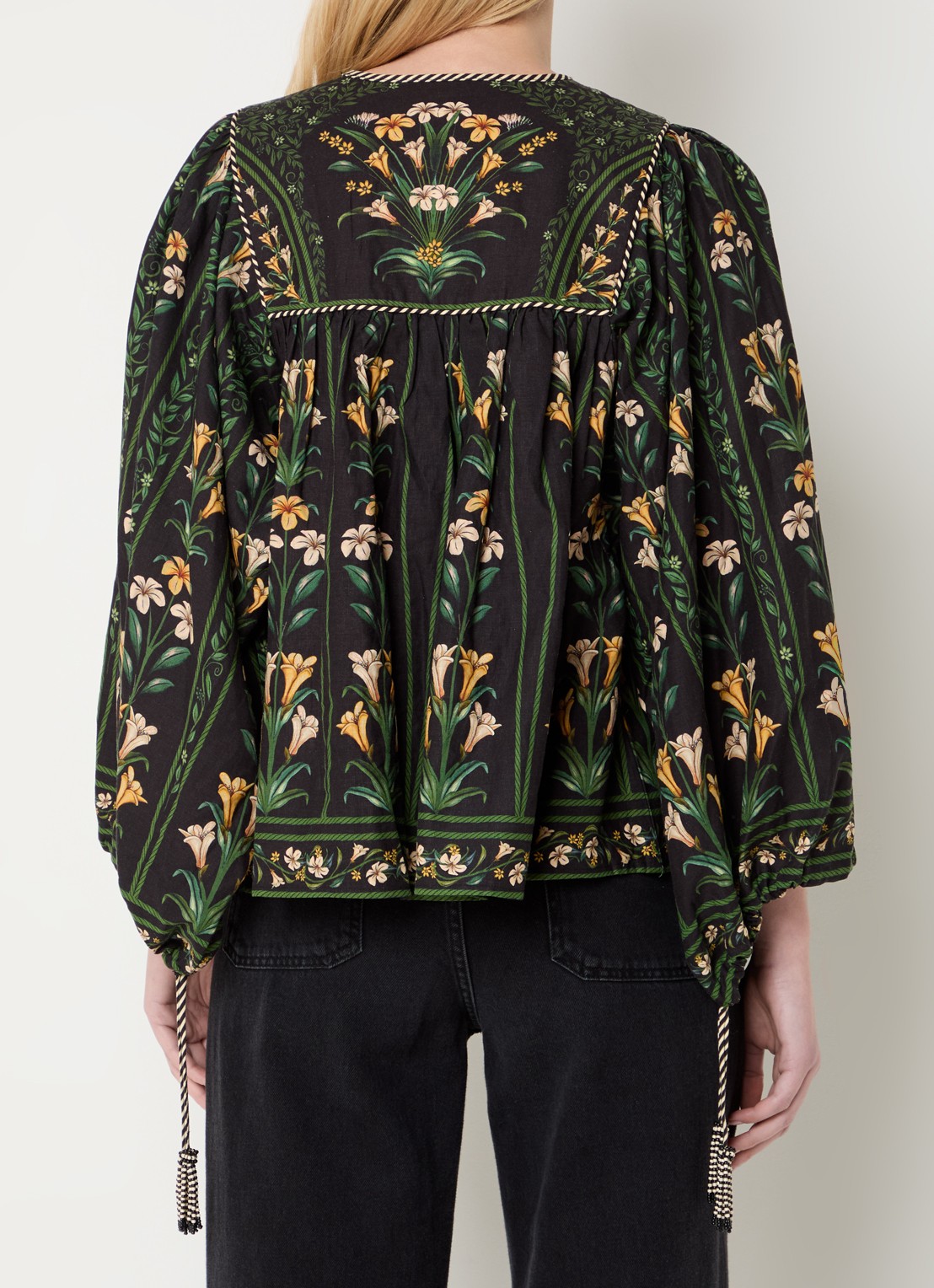Farm Rio Tuniek in linnenblend met bloemenprint en ballonmouw - achterkant 3 zwart