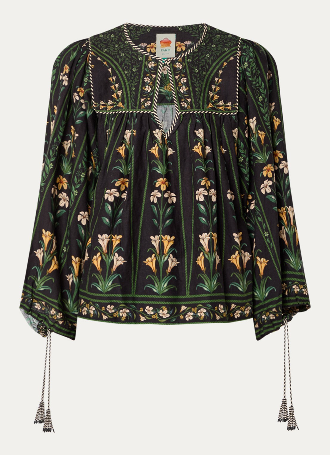 Farm Rio Tuniek in linnenblend met bloemenprint en ballonmouw - voorkant zwart