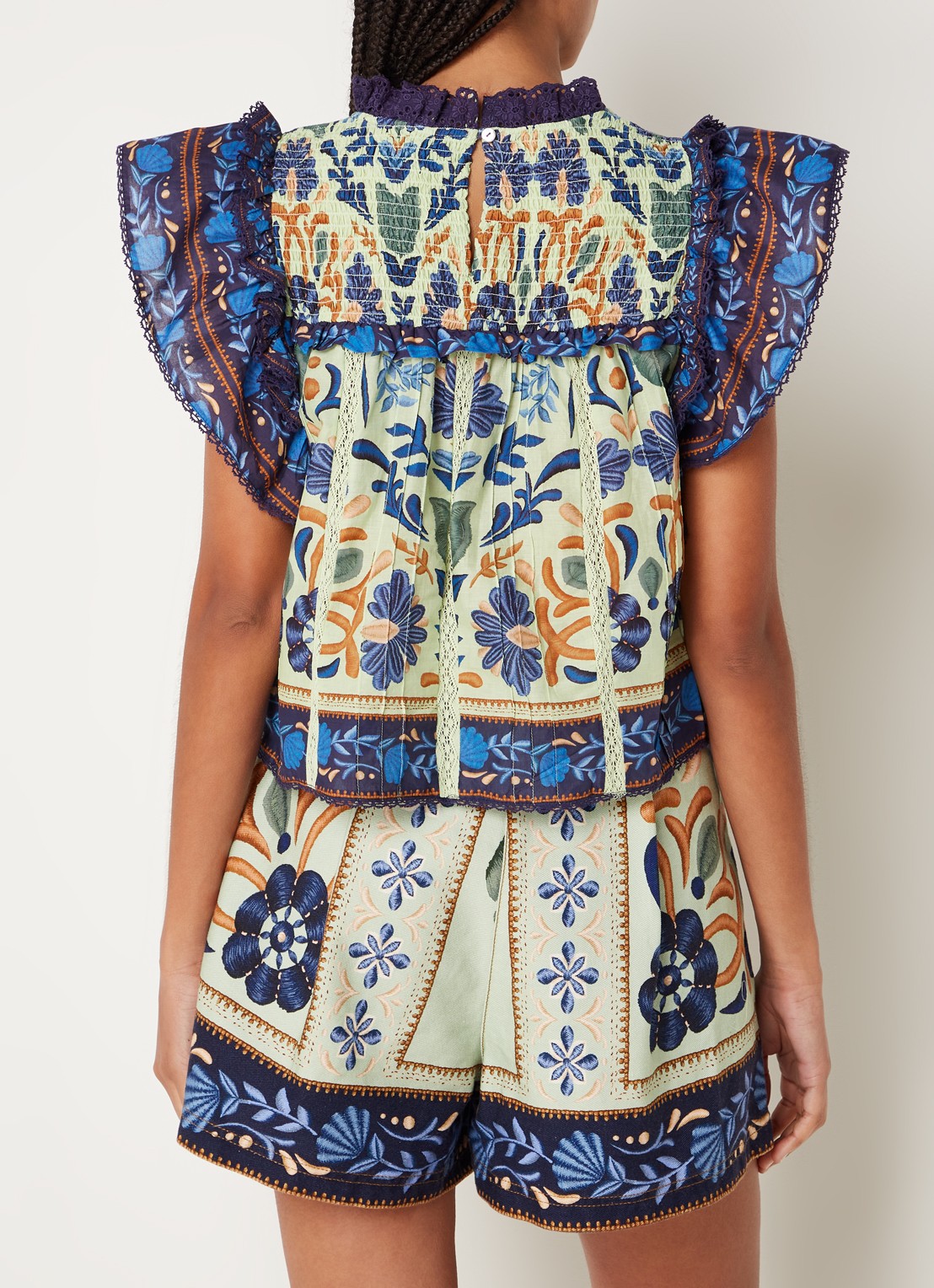 Farm Rio Tuniek met bloemenprint en smockwerk - achterkant donkerblauw