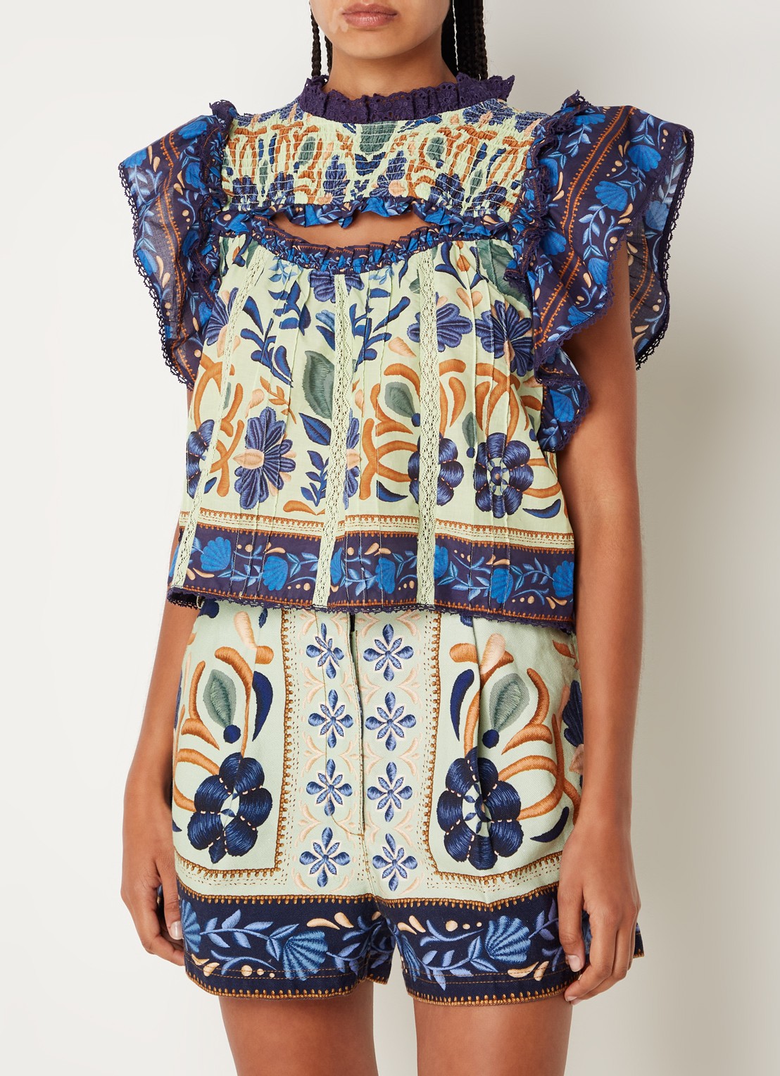 Farm Rio Tuniek met bloemenprint en smockwerk - detail 4 donkerblauw