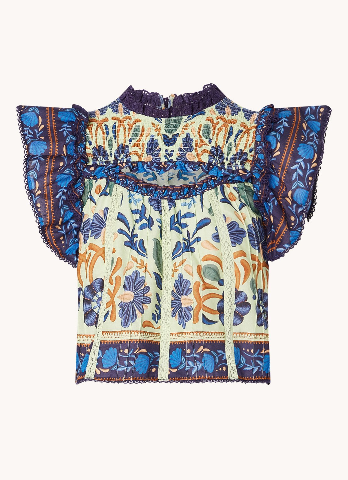 Farm Rio Tuniek met bloemenprint en smockwerk - voorkant 2 donkerblauw