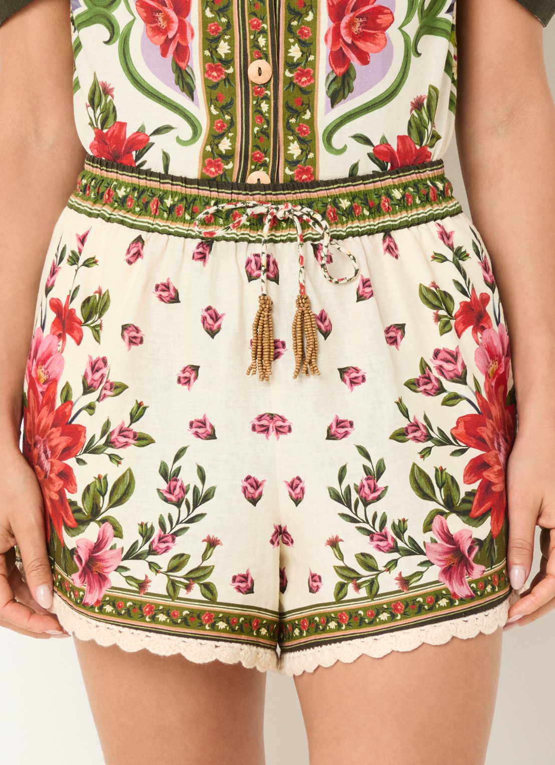 Farm Rio Wonder Rio high waist wide fit korte broek met print - detail 4 bronsgroen