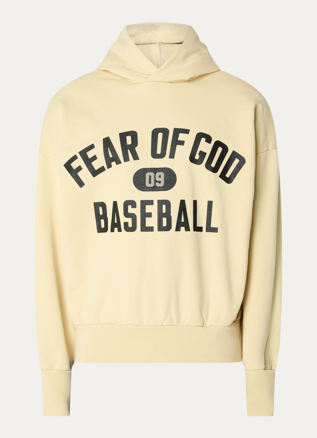 Fear of God 09 hoodie met front- en backprint - voorkant 2 lichtgeel