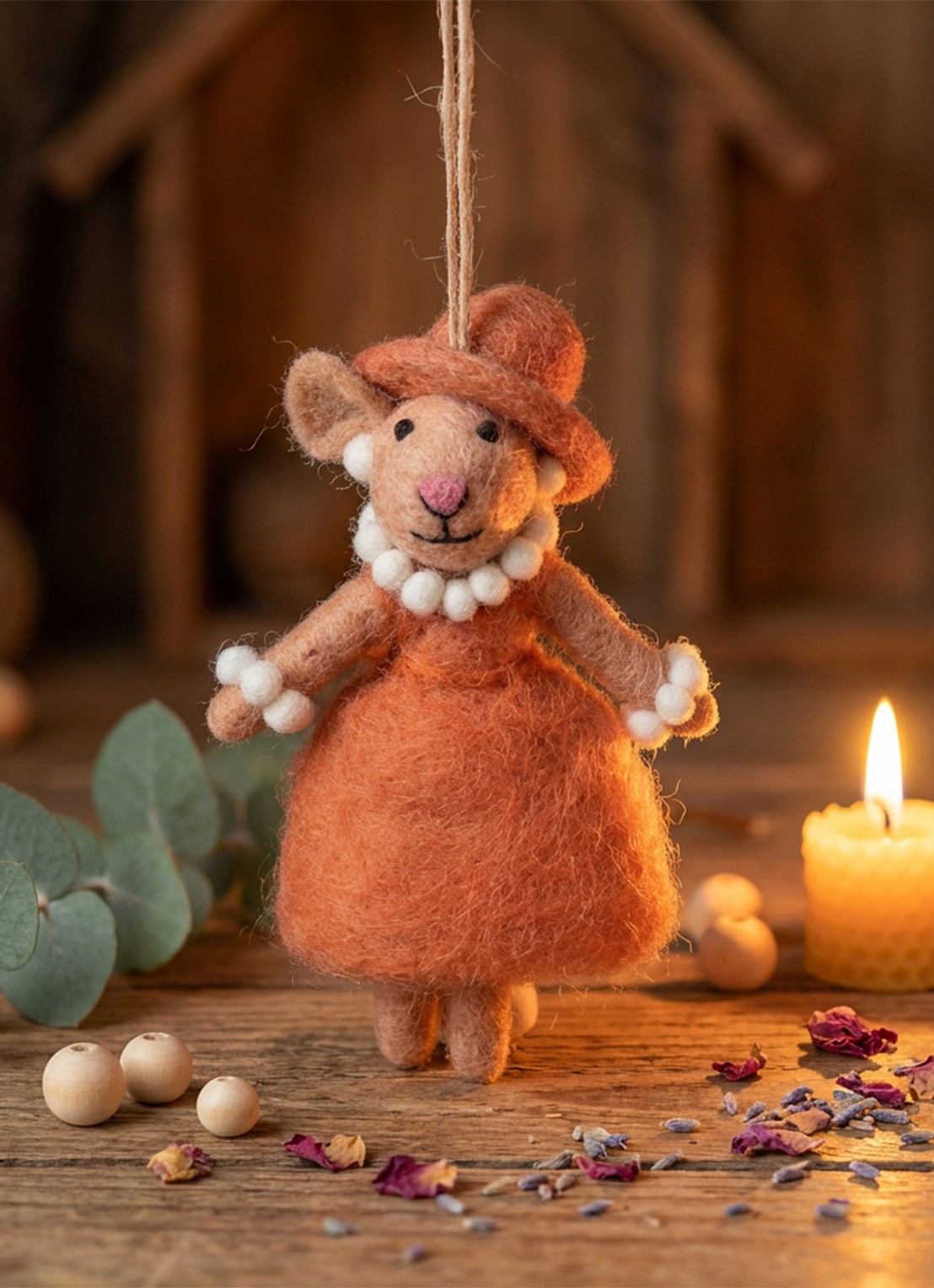 Felt So Good Evelyn the Mouse kersthanger 12 cm - achterkant oranje