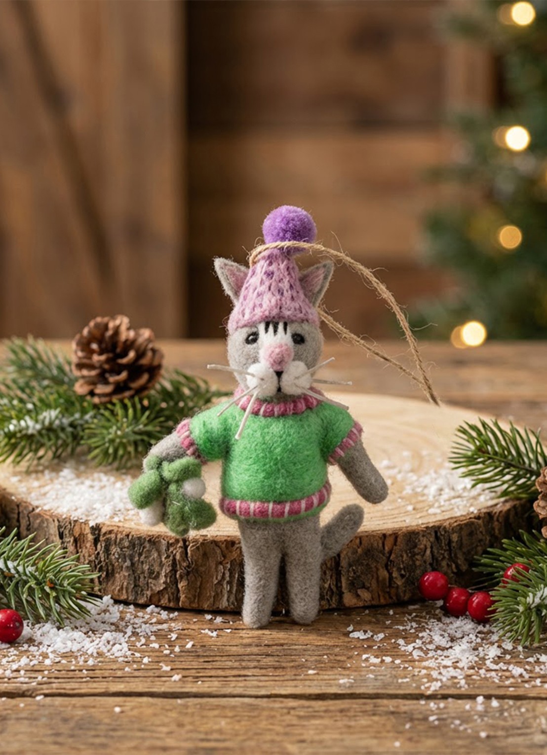Felt So Good Mistletoe Meows kersthanger 14 cm - voorkant 2 groen