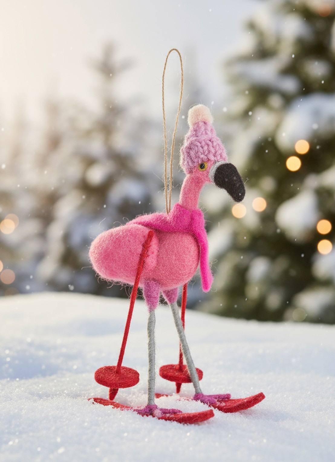 Felt So Good Skiing Flamingo kersthanger 16 cm - achterkant roze