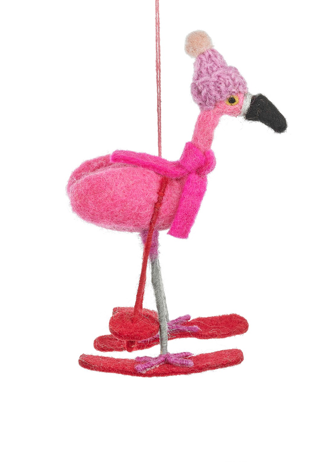 Felt So Good Skiing Flamingo kersthanger 16 cm - voorkant 3 roze