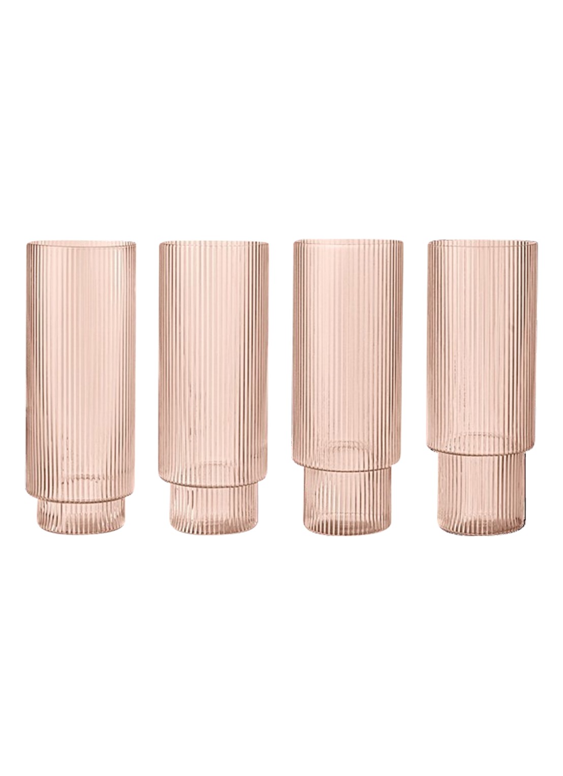 ferm LIVING Ripple longdrinkglas set van 4 - voorkant lichtroze