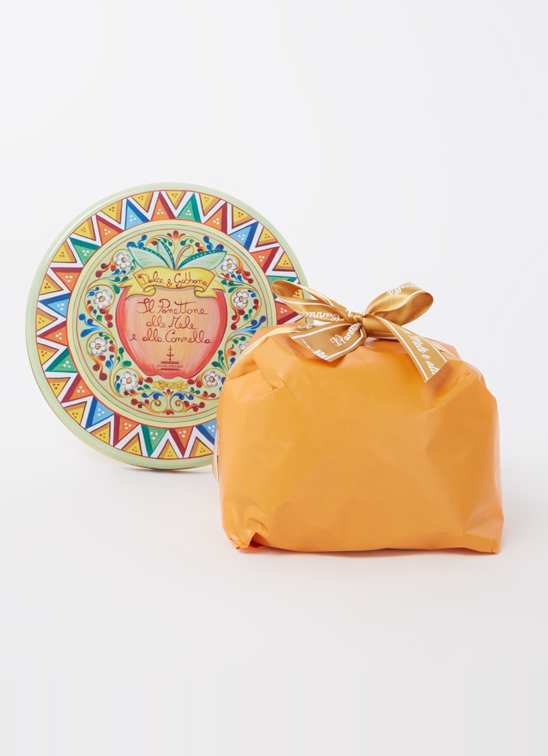 Fiasconaro Panettone met gekonfijte appel en kaneel in bewaarblik 500 gram - voorkant 3 lindegroen