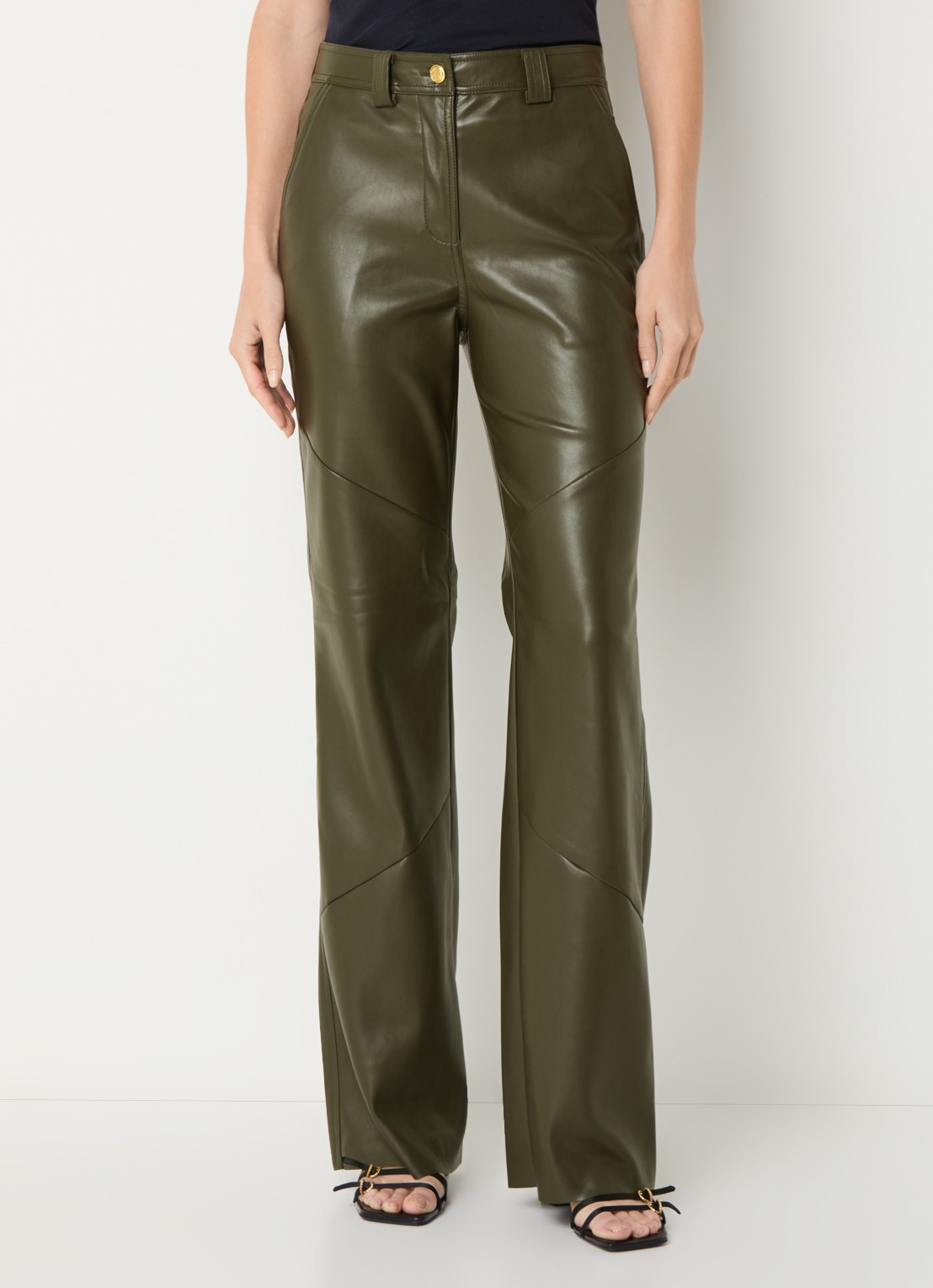 Fifth House Jessy high waist wide fit broek van imitatieleer met steekzakken - detail 4 donkergroen