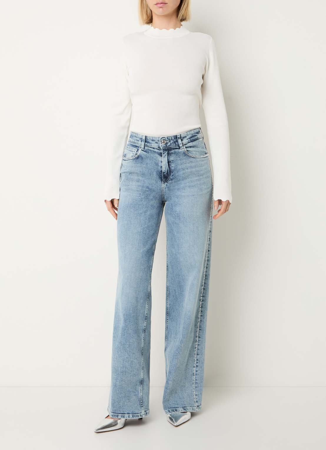Fifth House Kamilla high waist wide fit jeans met strass - voorkant 2 indigo