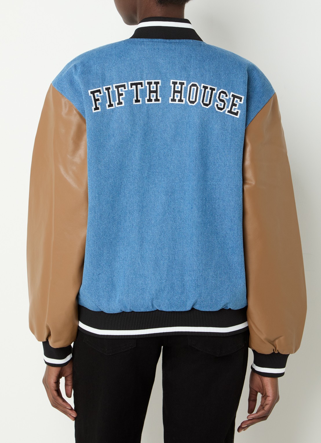 Fifth House Listy bomberjack van chambray met borduring en backprint - achterkant blauw