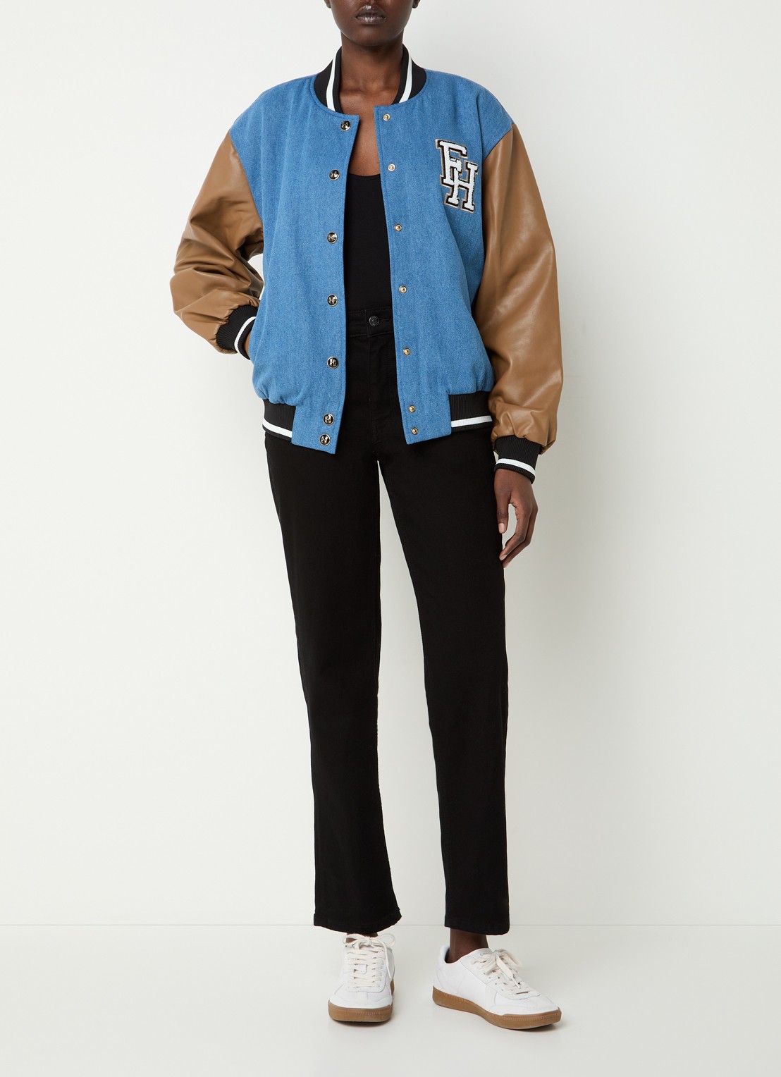 Fifth House Listy bomberjack van chambray met borduring en backprint - voorkant 4 blauw