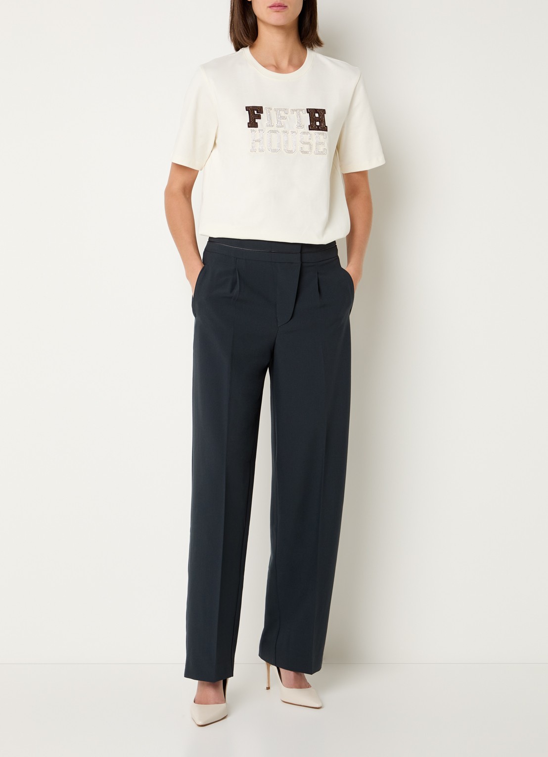 Fifth House Lizzy high waist tapered fit pantalon met persplooi - voorkant 3 petrol