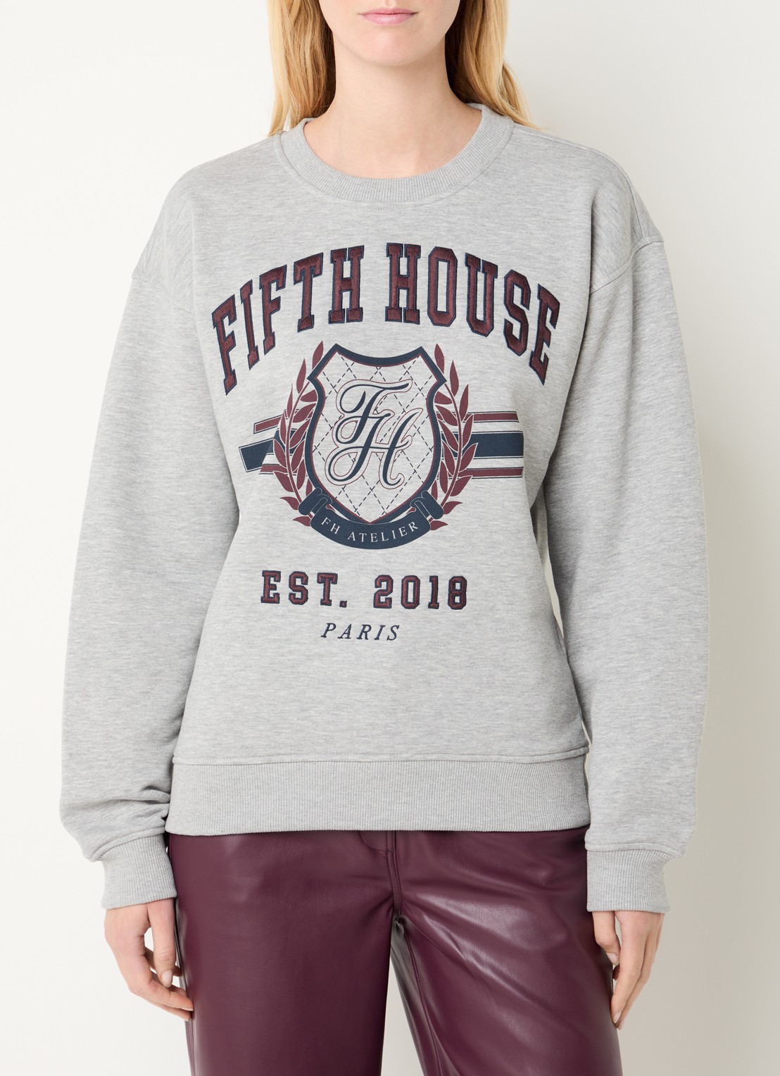 Fifth House Logan sweater met logoprint en gemêleerd dessin - detail 4 grijsmele