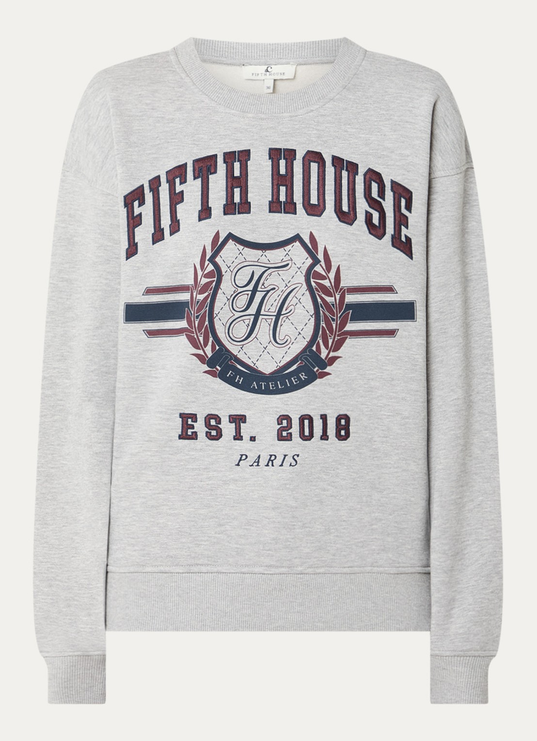 Fifth House Logan sweater met logoprint en gemêleerd dessin - voorkant grijsmele
