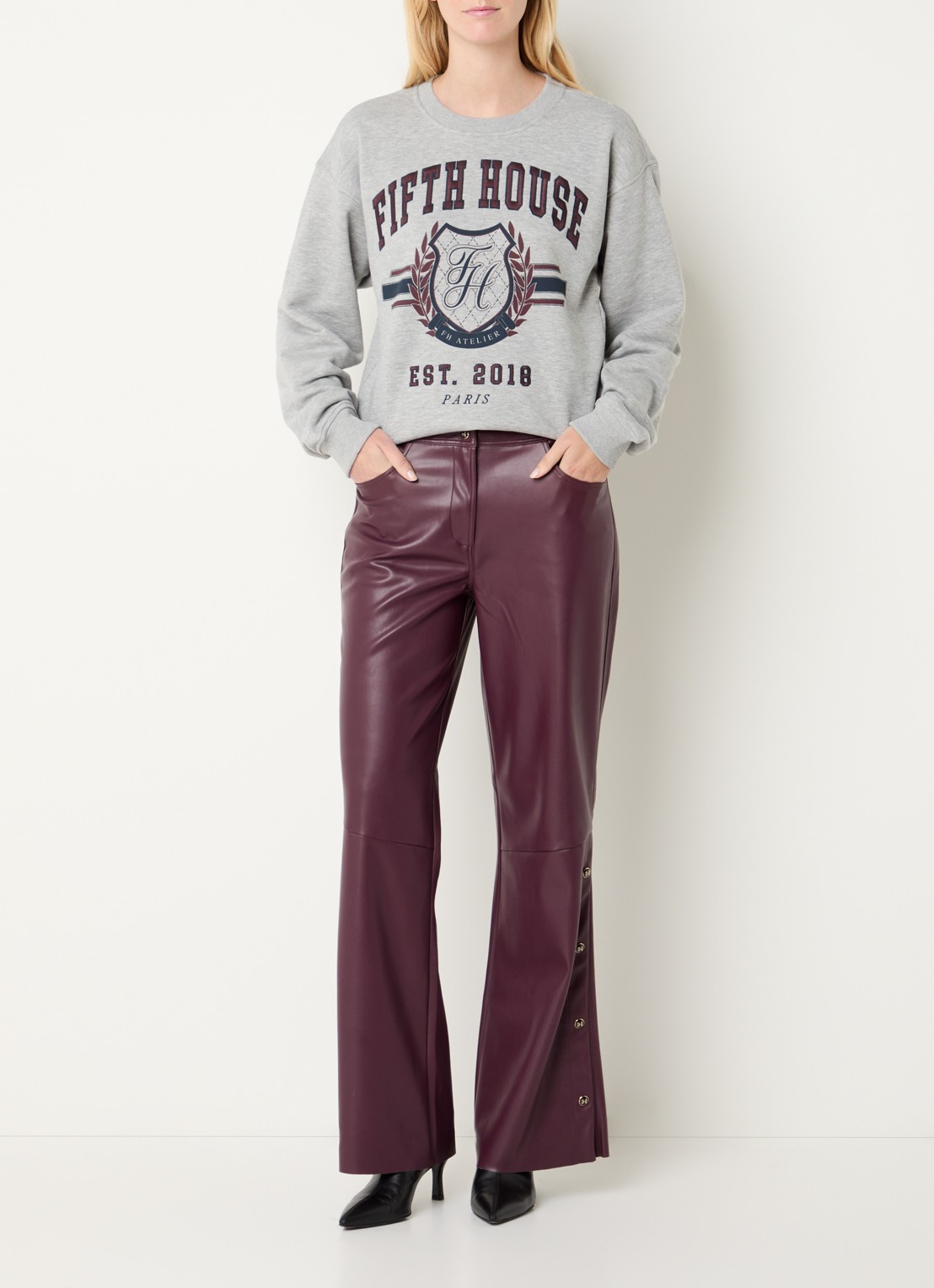 Fifth House Logan sweater met logoprint en gemêleerd dessin - voorkant 2 grijsmele