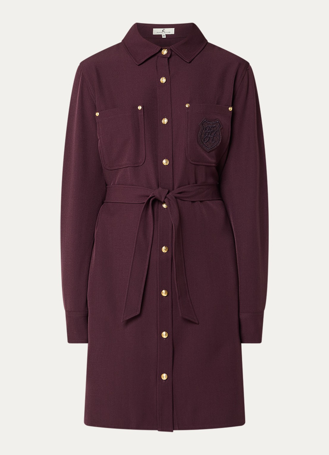 Fifth House Lonni mini blousejurk met strikceintuur en borstzakken - voorkant aubergine