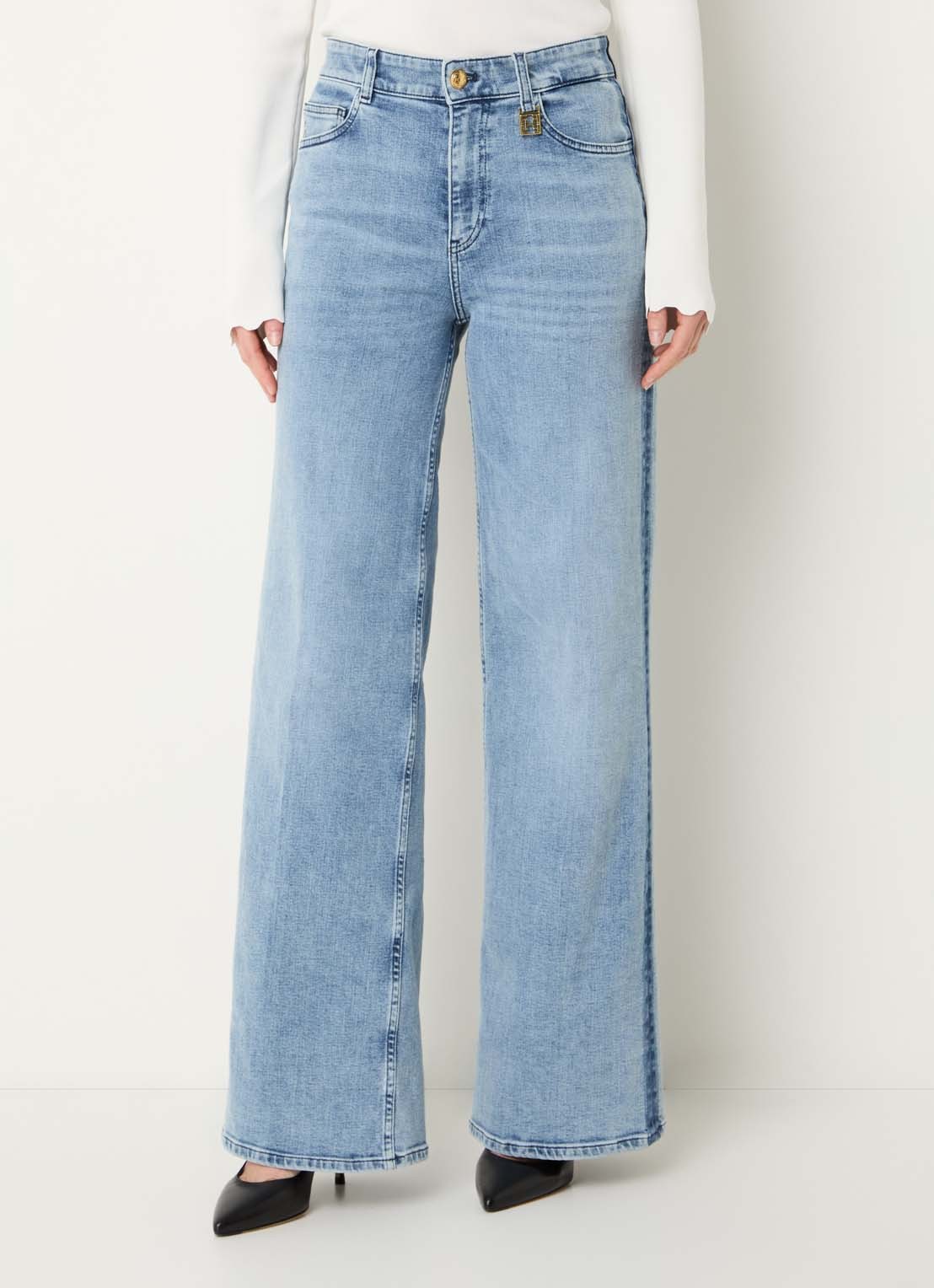 Fifth House Lyana mid waist wide leg jeans met lichte wassing - detail 4 indigo