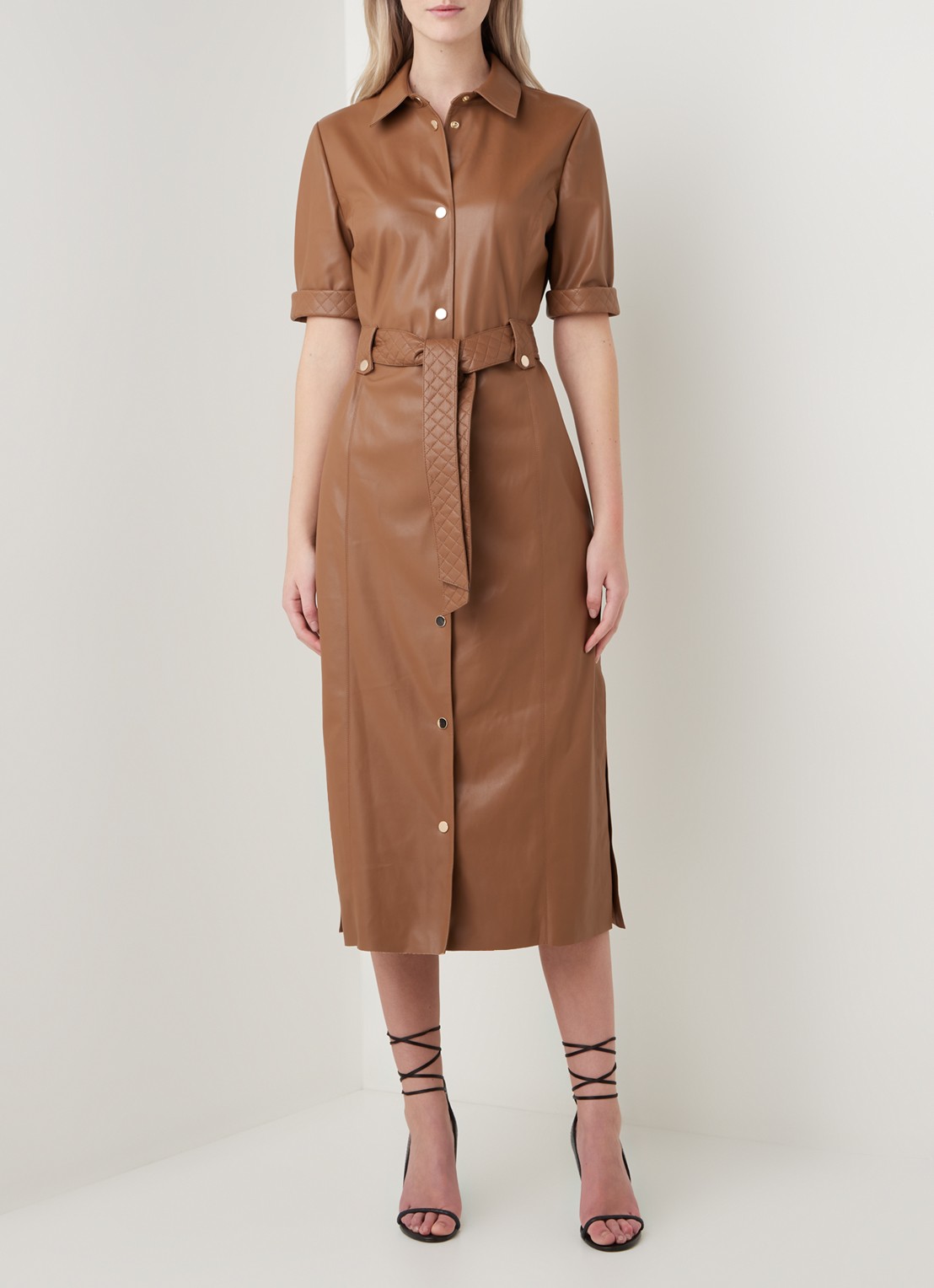 Fifth House Mac midi blousejurk van imitatieleer - voorkant 3 bruin