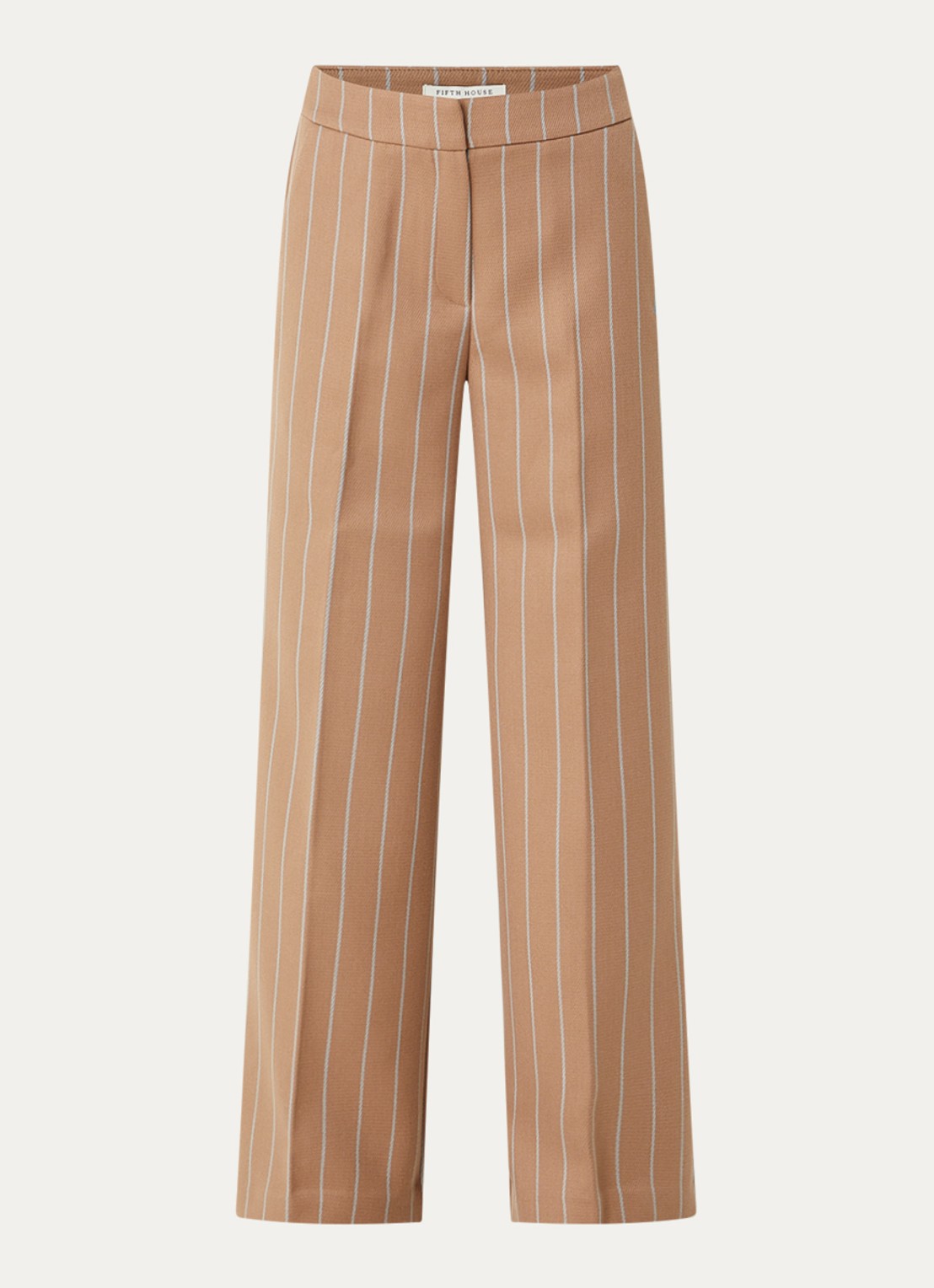 Fifth House Maeve mid waist wide fit pantalon in wolblend met krijtstreep - voorkant 3 bruin