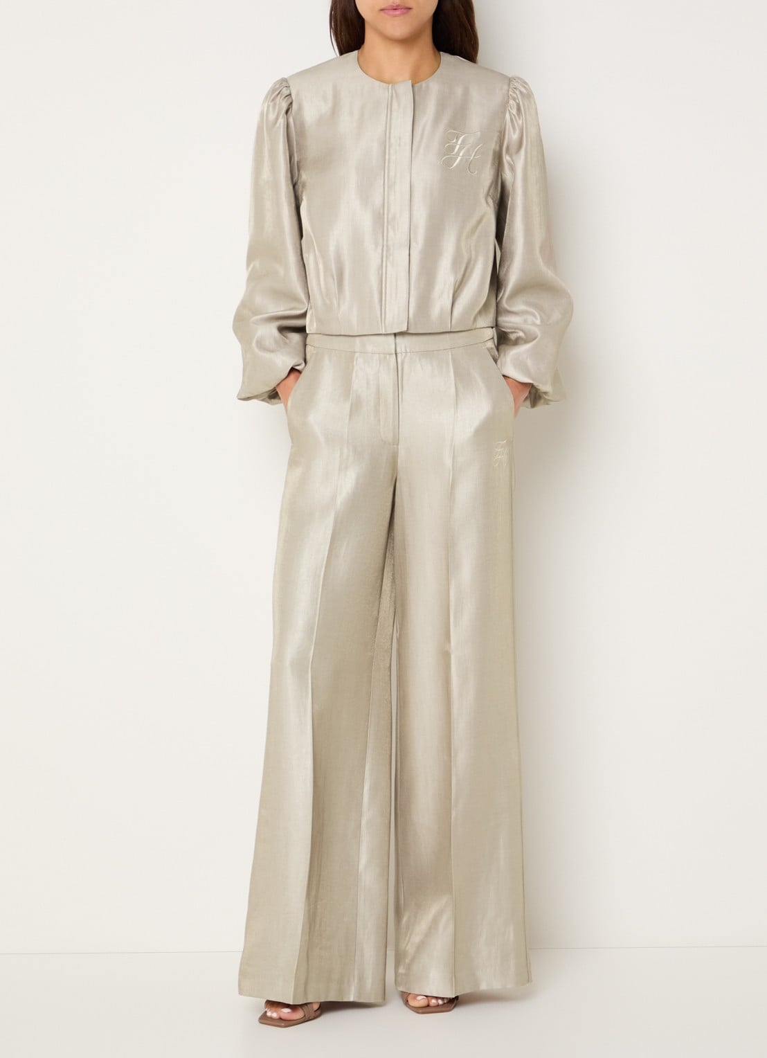 Fifth House Manouk mid waist loose fit pantalon met glazende finish  - voorkant 3 beige