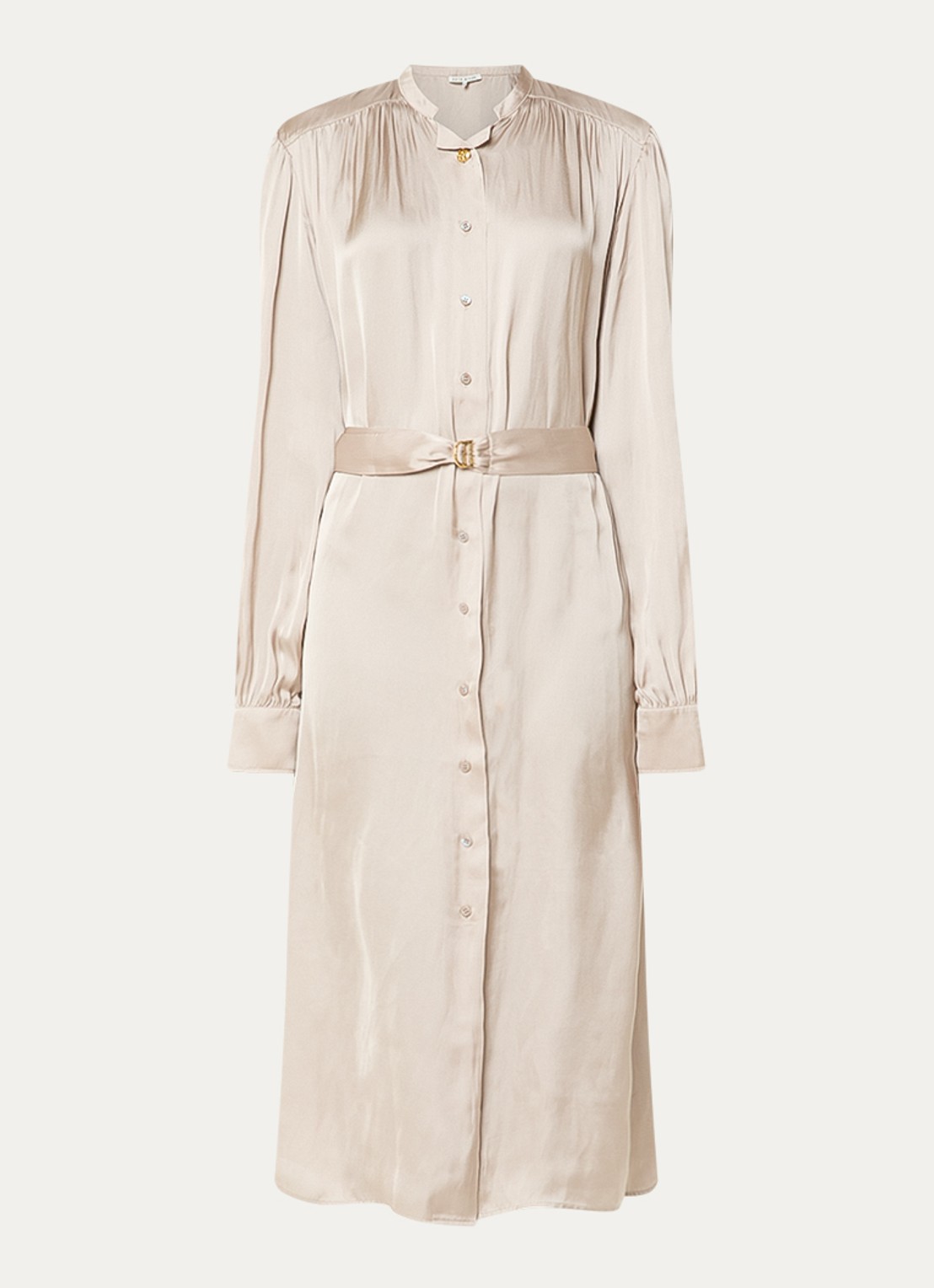 Fifth House Marion midi blousejurk van satijn met strikceintuur - voorkant beige